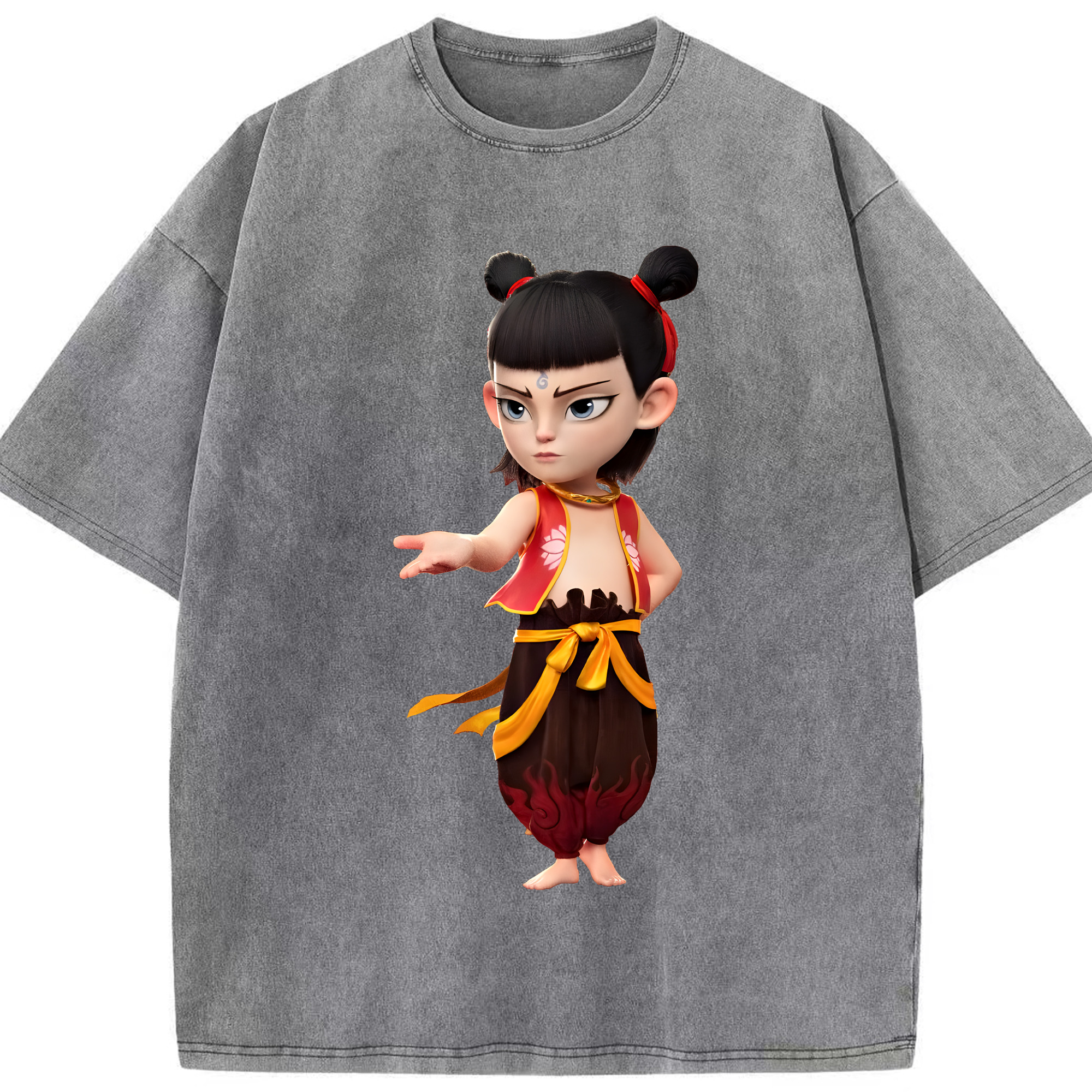 （画像用） Ne Zha 2 ナタ 魔童の大暴れ 綿100% ヴィンテージ風 半袖Tシャツ（フロントプリント）