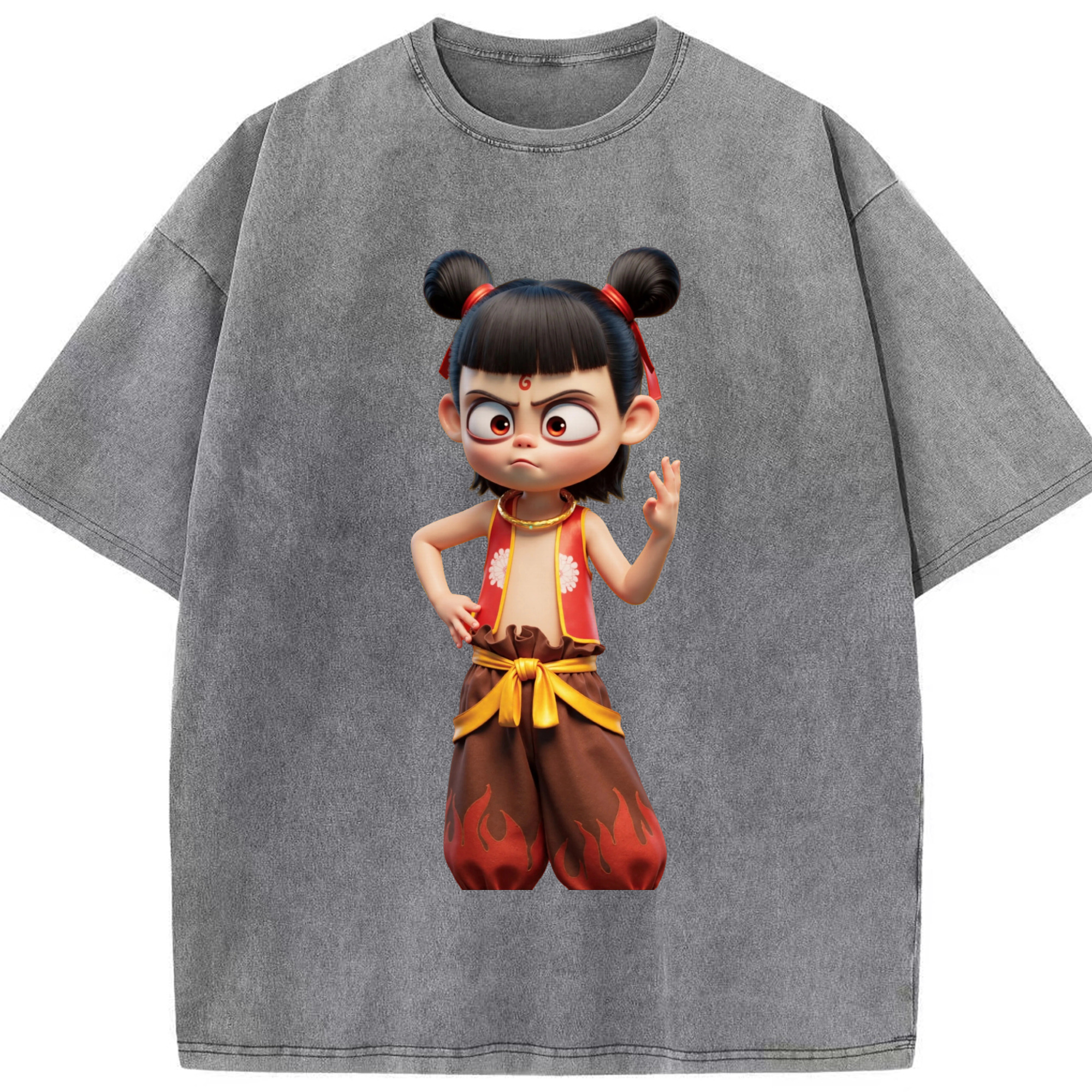 （画像用） Ne Zha 2 ナタ 魔童の大暴れ 綿100% ヴィンテージ風 半袖Tシャツ（フロントプリント）
