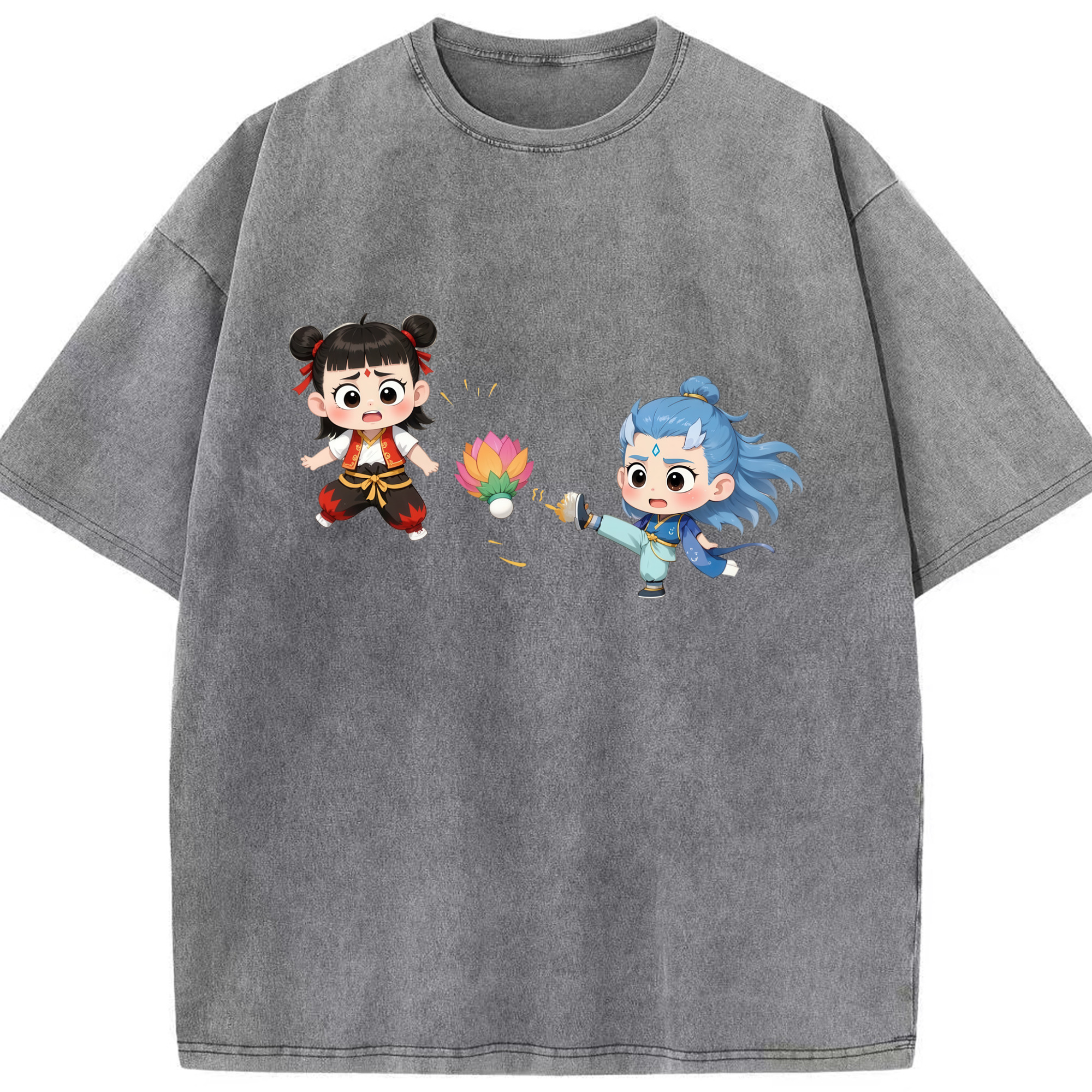 （画像用） Ne Zha 2 ナタ 魔童の大暴れ 綿100% ヴィンテージ風 半袖Tシャツ（フロントプリント）