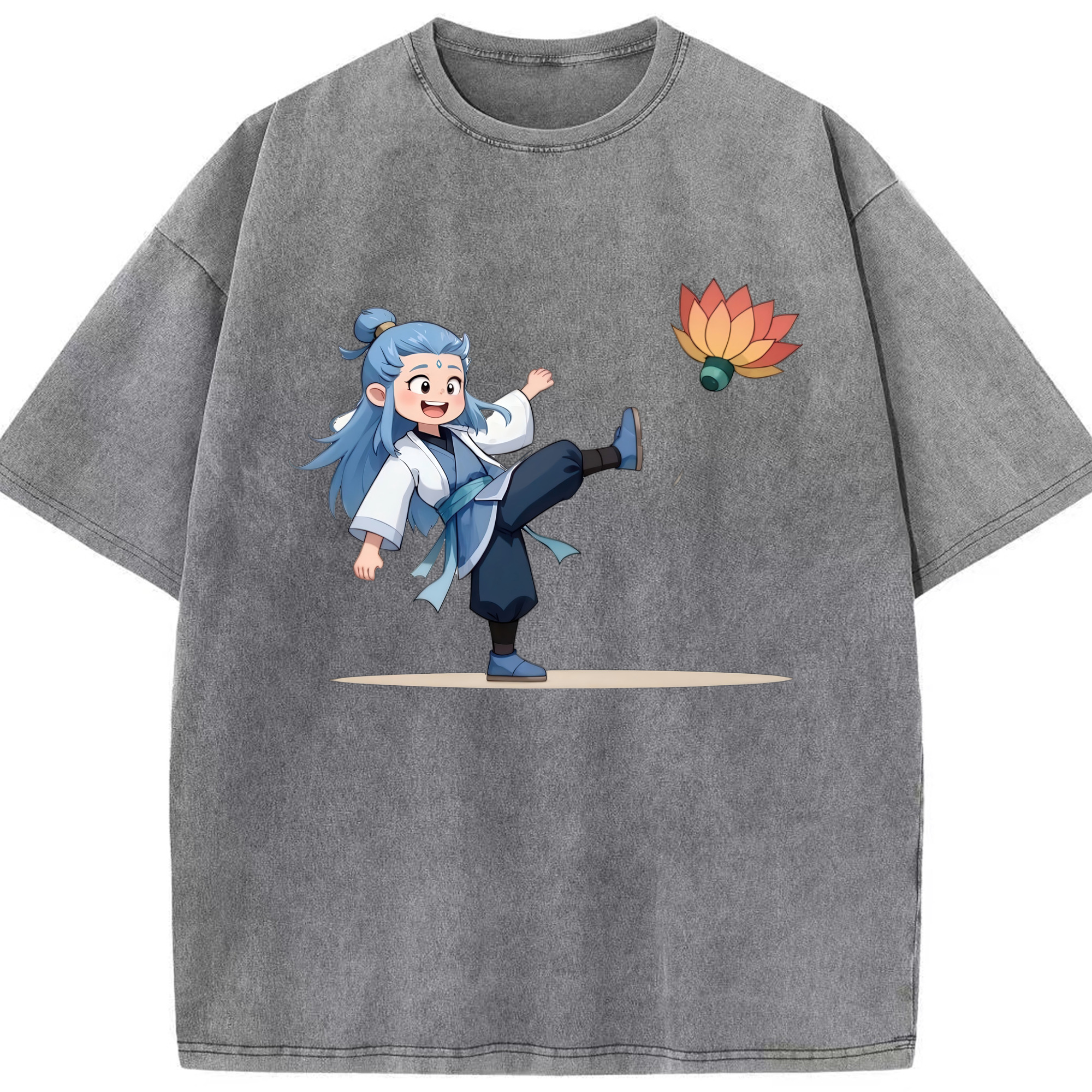 （画像用） Ne Zha 2 ナタ 魔童の大暴れ 綿100% ヴィンテージ風 半袖Tシャツ（フロントプリント）