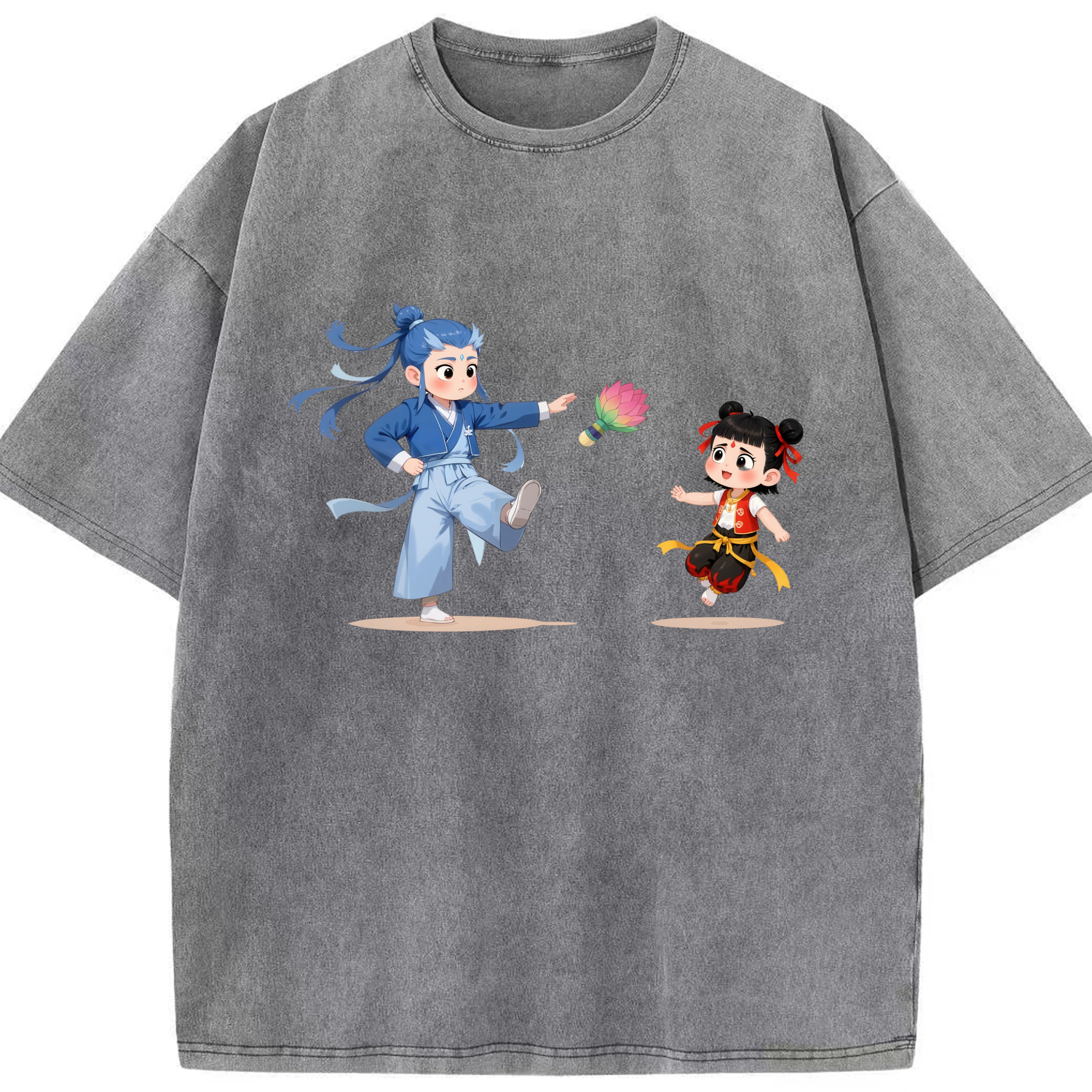 （画像用） Ne Zha 2 ナタ 魔童の大暴れ 綿100% ヴィンテージ風 半袖Tシャツ（フロントプリント）