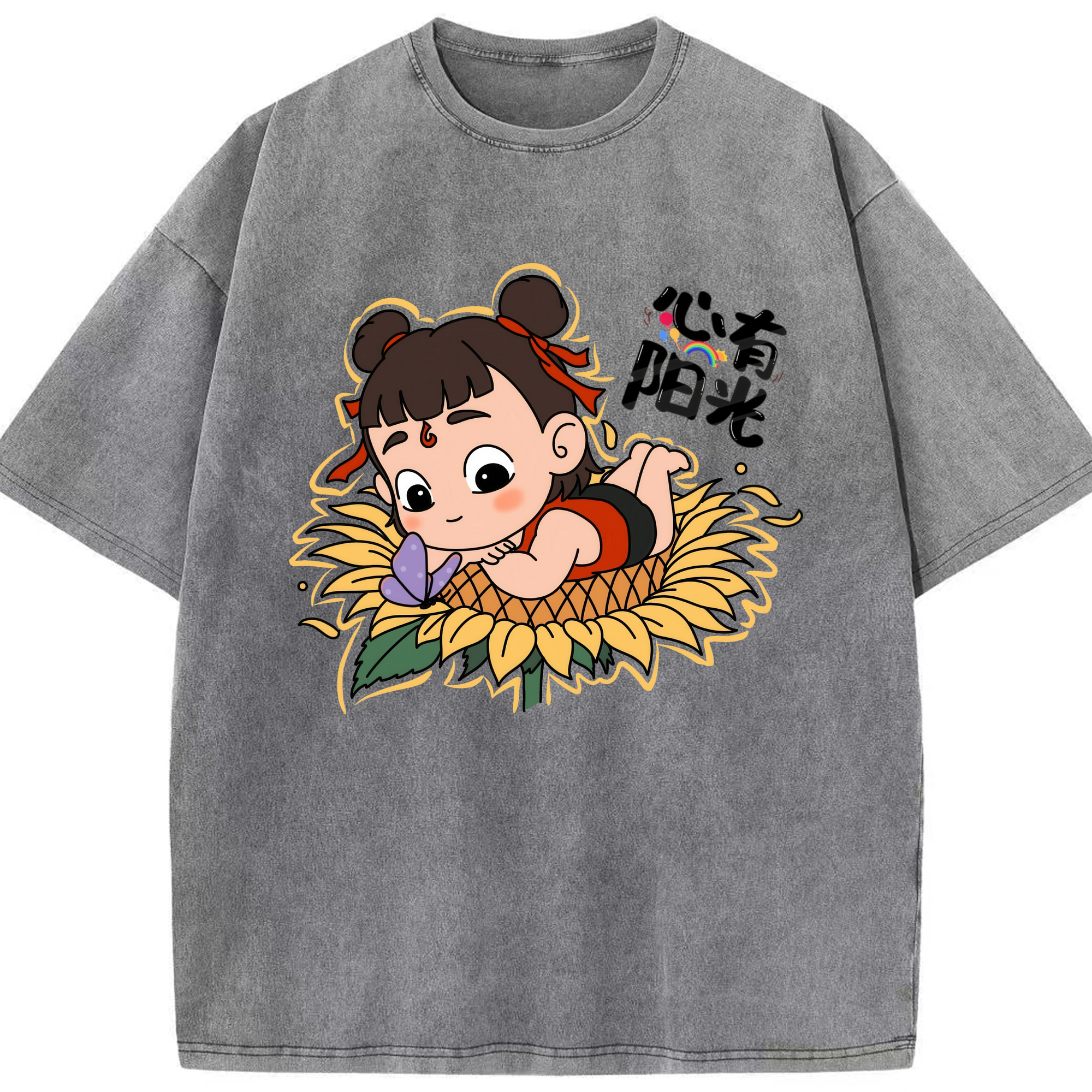 （画像用） Ne Zha 2 ナタ 魔童の大暴れ 綿100% ヴィンテージ風 半袖Tシャツ（フロントプリント）