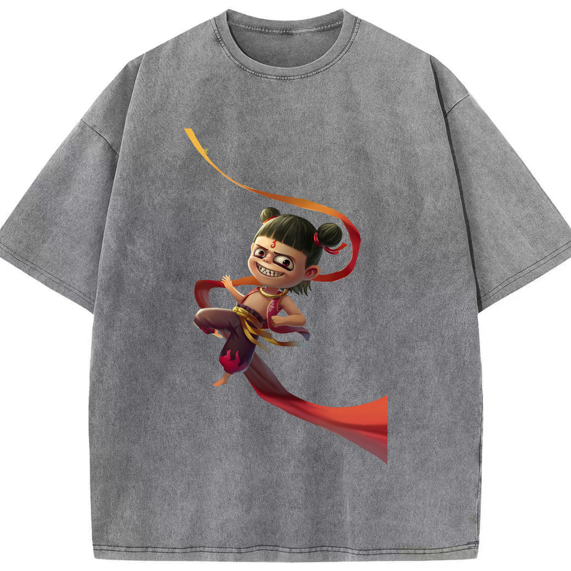 （画像用） Ne Zha 2 ナタ 魔童の大暴れ 綿100% ヴィンテージ風 半袖Tシャツ（フロントプリント）