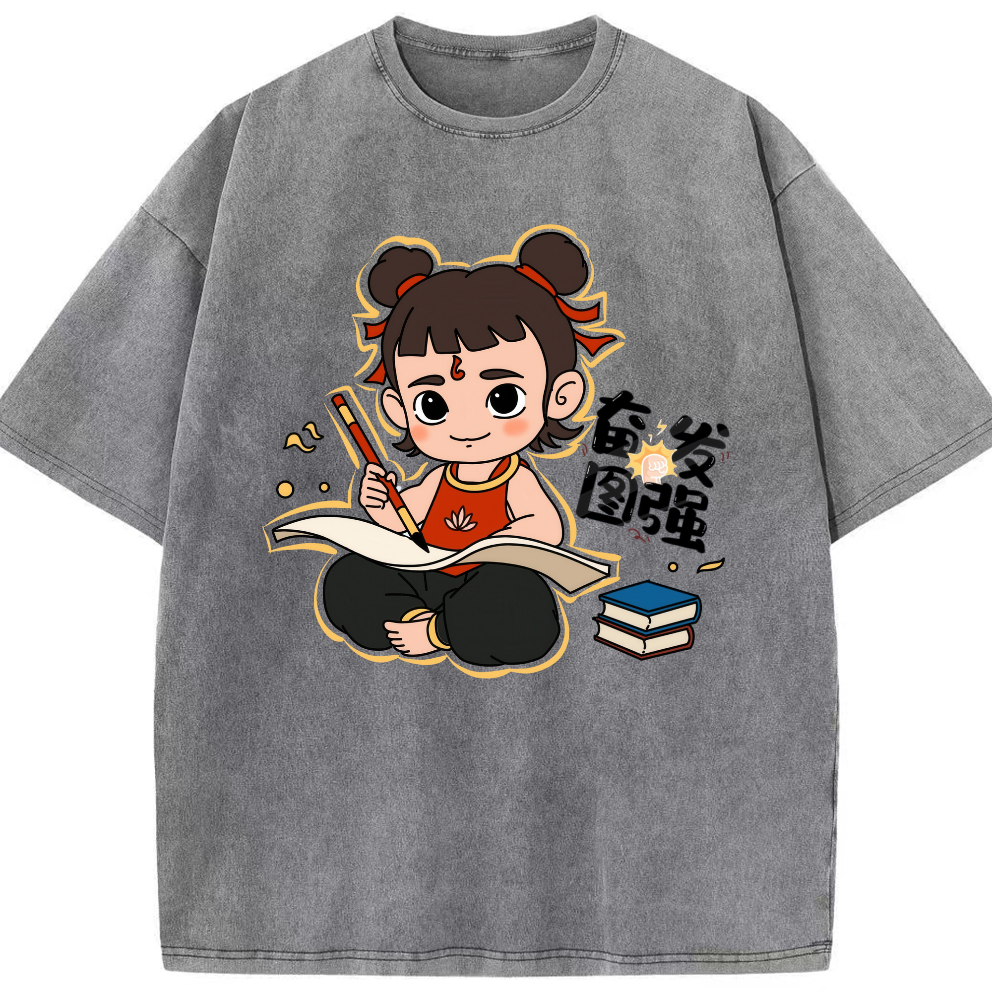 （画像用） Ne Zha 2 ナタ 魔童の大暴れ 綿100% ヴィンテージ風 半袖Tシャツ（フロントプリント）