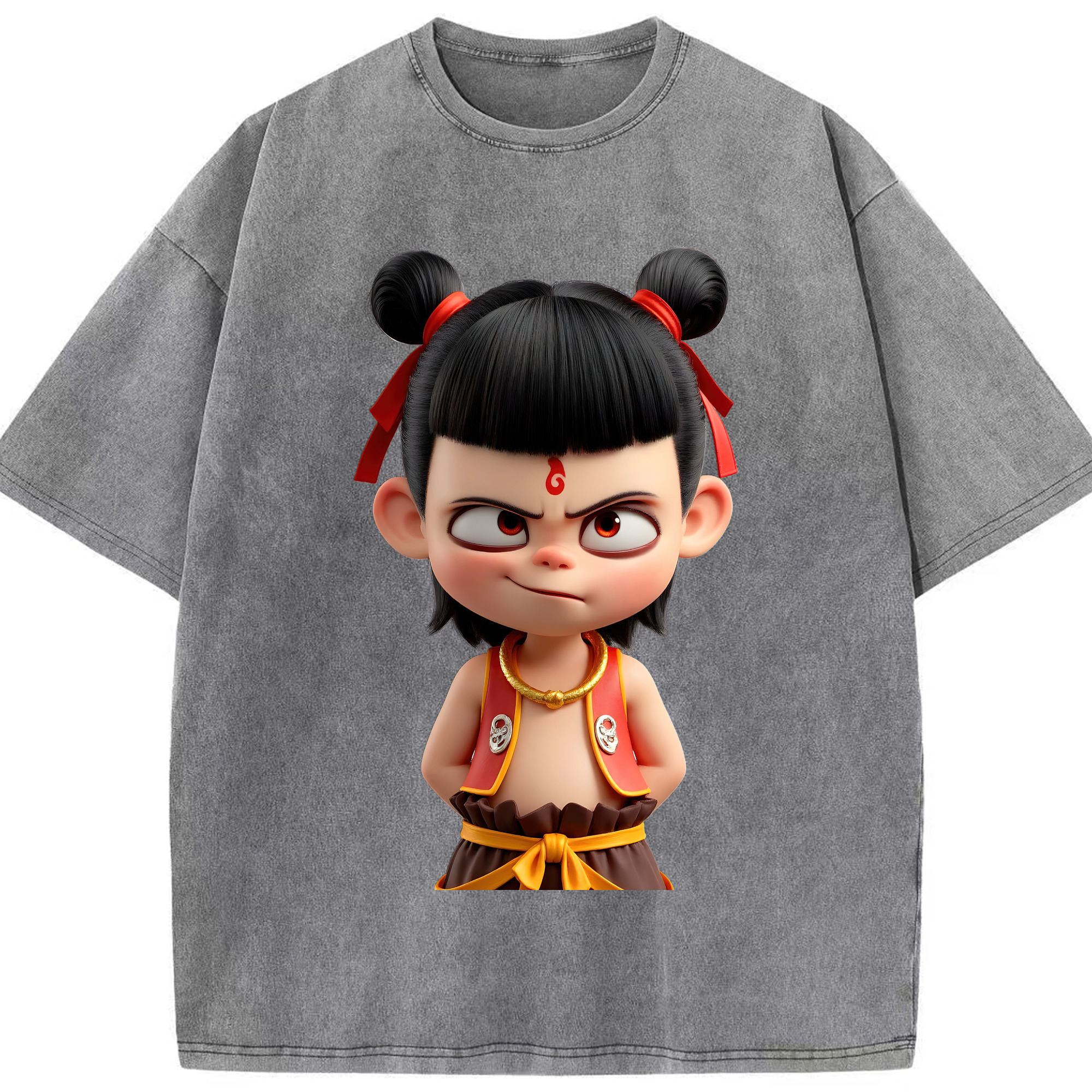 （画像用） Ne Zha 2 ナタ 魔童の大暴れ 綿100% ヴィンテージ風 半袖Tシャツ（フロントプリント）