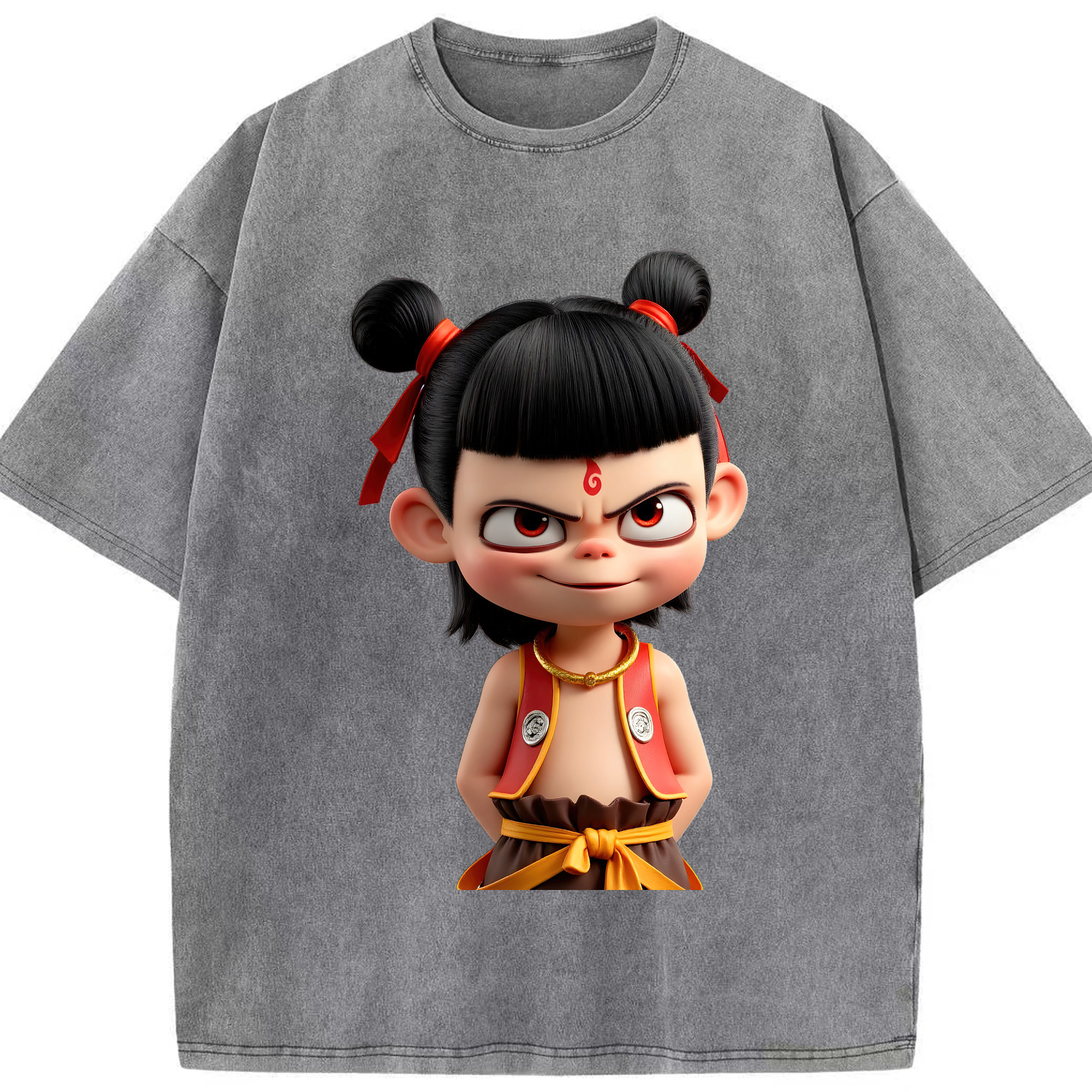 （画像用） Ne Zha 2 ナタ 魔童の大暴れ 綿100% ヴィンテージ風 半袖Tシャツ（フロントプリント）