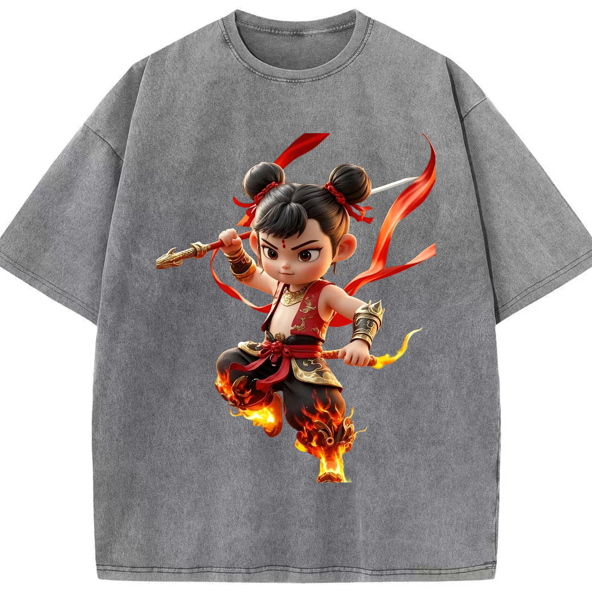 （画像用） Ne Zha 2 ナタ 魔童の大暴れ 綿100% ヴィンテージ風 半袖Tシャツ（フロントプリント）