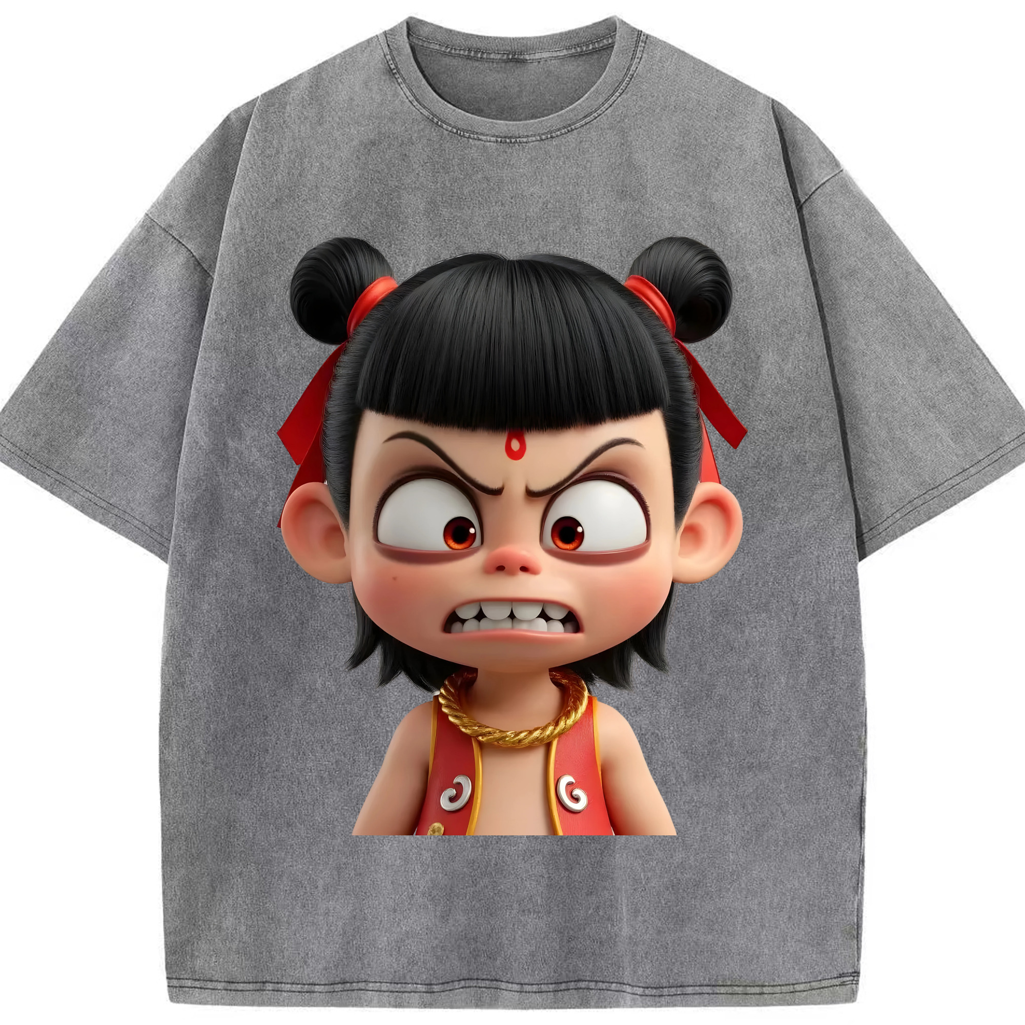 （画像用） Ne Zha 2 ナタ 魔童の大暴れ 綿100% ヴィンテージ風 半袖Tシャツ（フロントプリント）