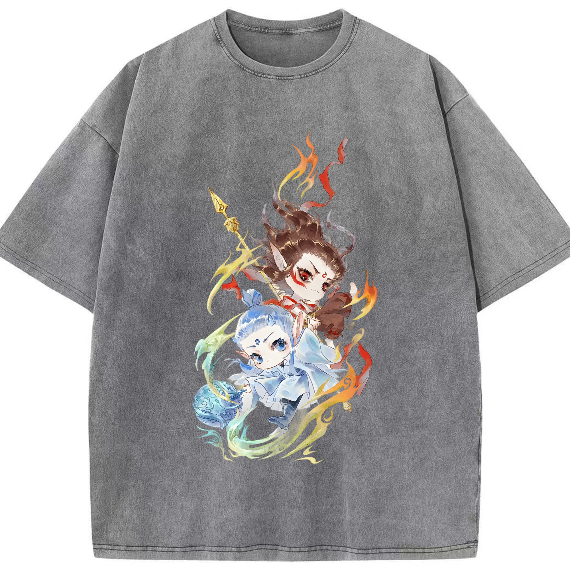 （画像用） Ne Zha 2 ナタ 魔童の大暴れ 綿100% ヴィンテージ風 半袖Tシャツ（フロントプリント）