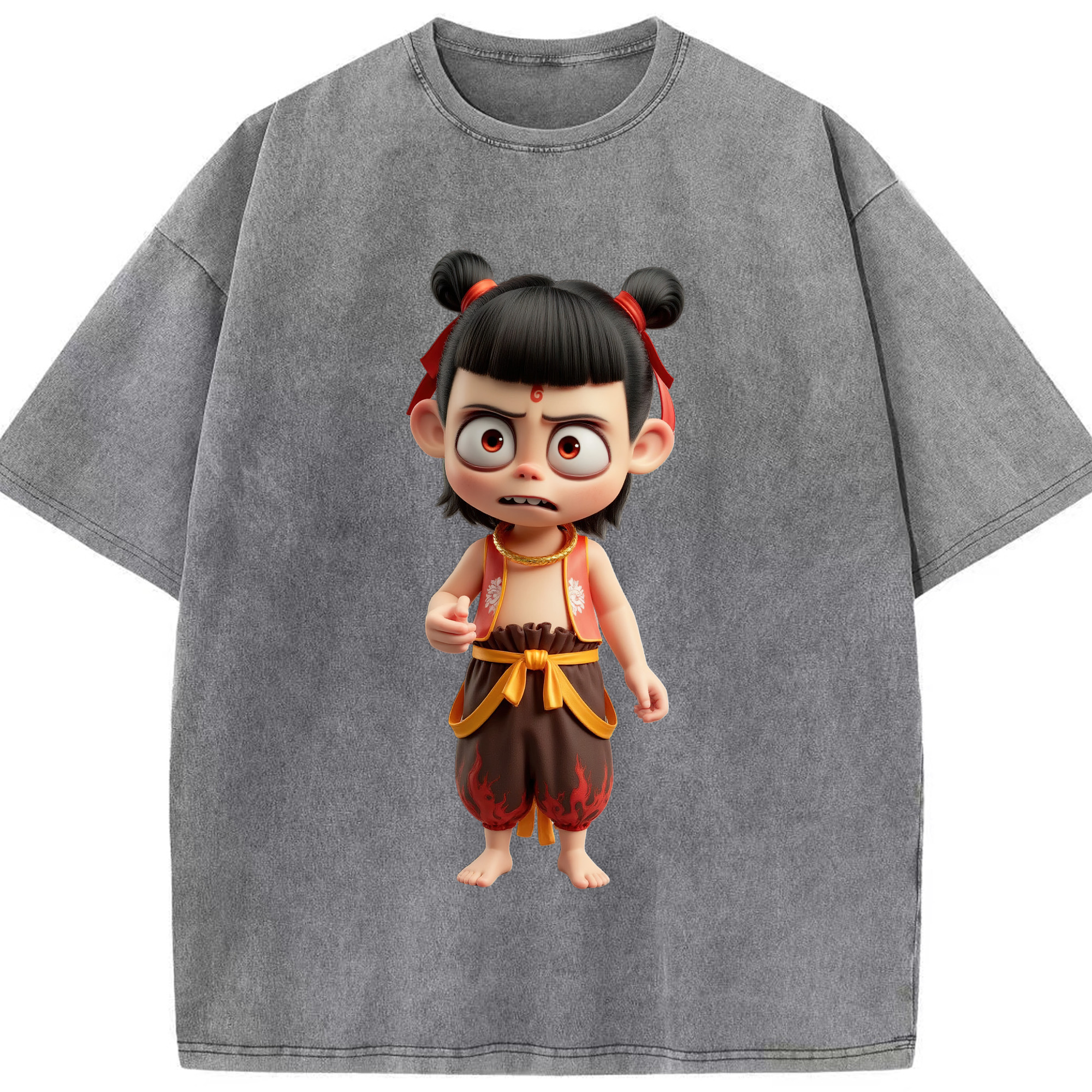 （画像用） Ne Zha 2 ナタ 魔童の大暴れ 綿100% ヴィンテージ風 半袖Tシャツ（フロントプリント）