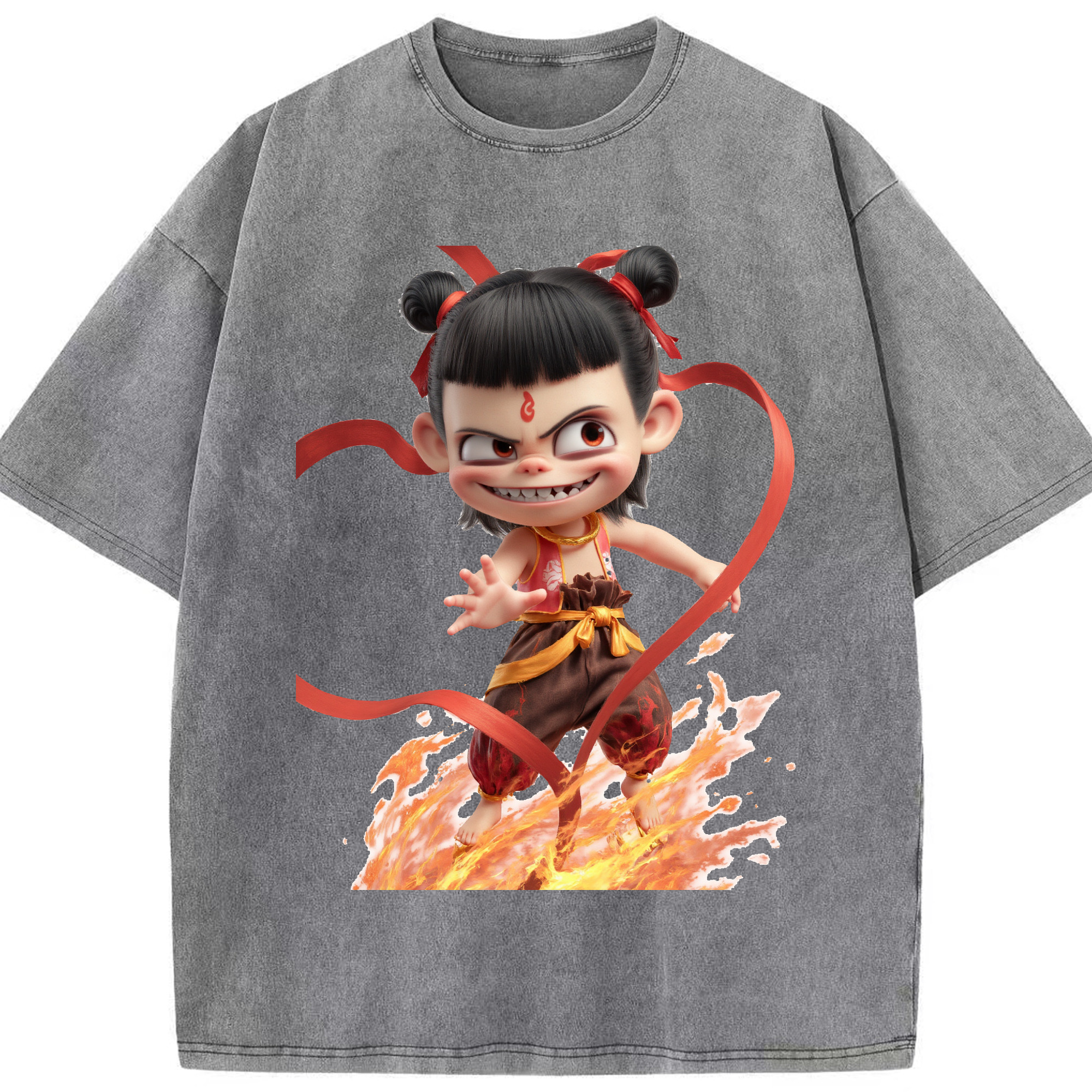 （画像用） Ne Zha 2 ナタ 魔童の大暴れ 綿100% ヴィンテージ風 半袖Tシャツ（フロントプリント）