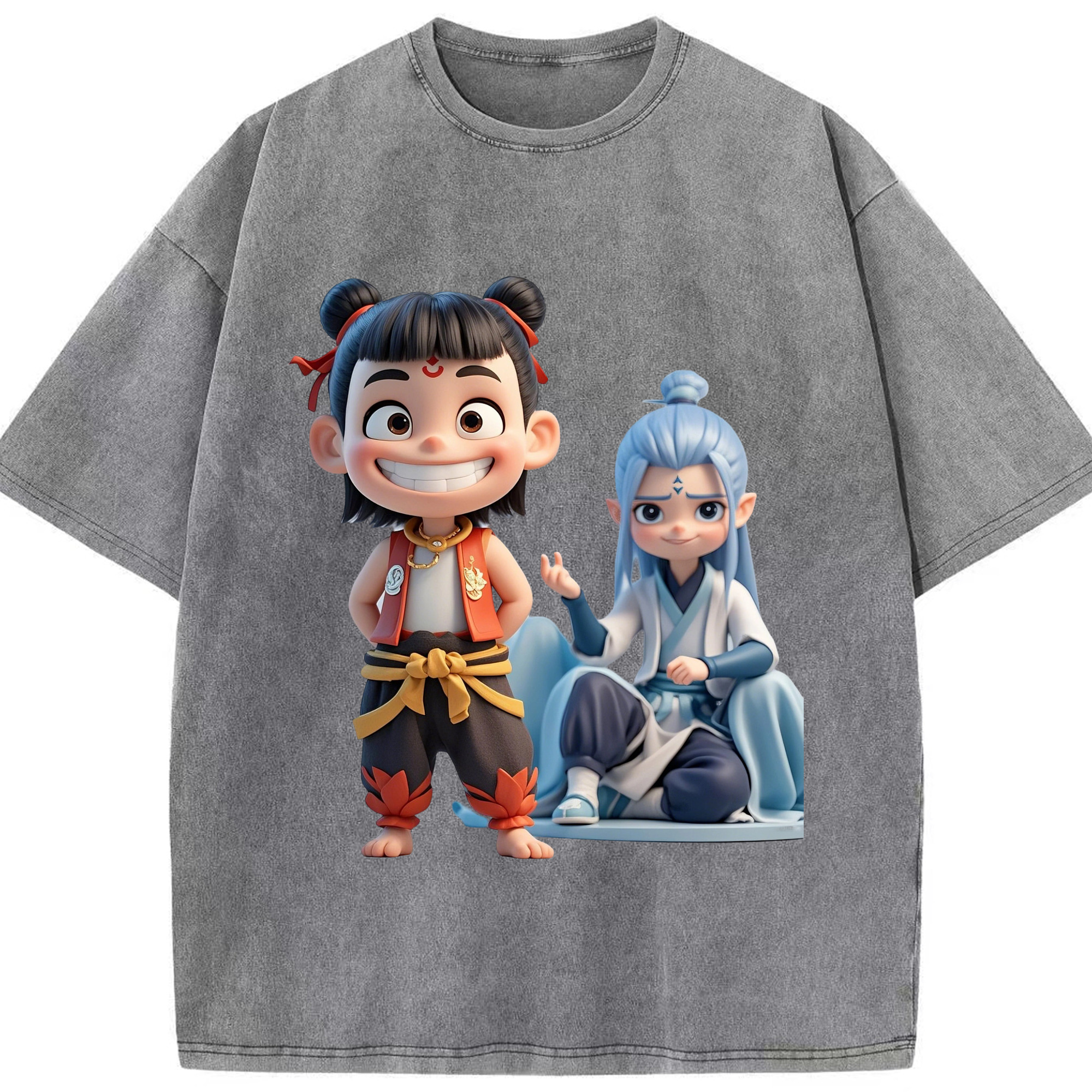 （画像用） Ne Zha 2 ナタ 魔童の大暴れ 綿100% ヴィンテージ風 半袖Tシャツ（フロントプリント）