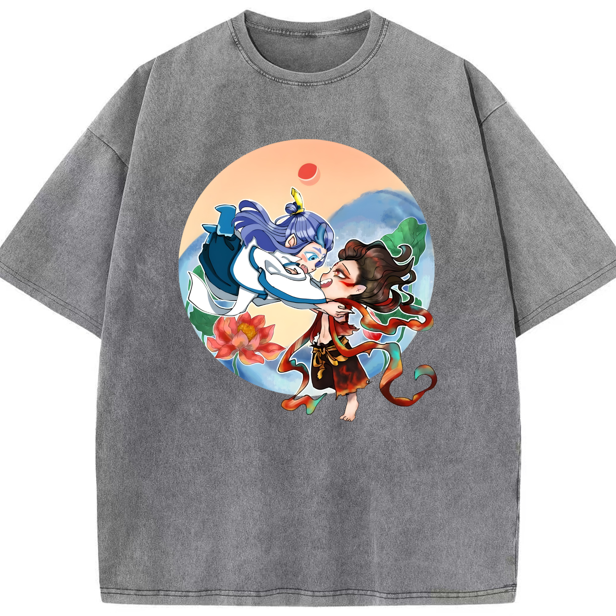 （画像用） Ne Zha 2 ナタ 魔童の大暴れ 綿100% ヴィンテージ風 半袖Tシャツ（フロントプリント）