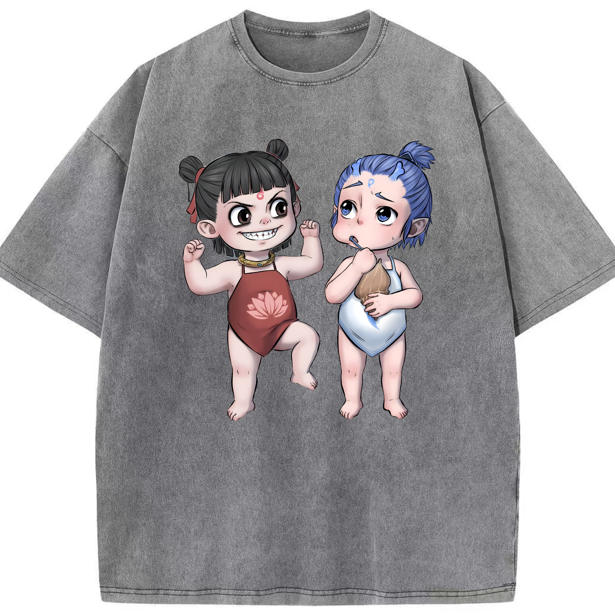 （画像用） Ne Zha 2 ナタ 魔童の大暴れ 綿100% ヴィンテージ風 半袖Tシャツ（フロントプリント）
