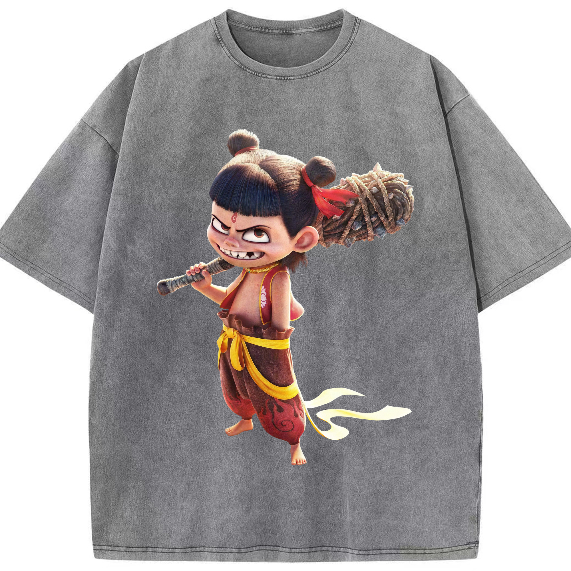 （画像用） Ne Zha 2 ナタ 魔童の大暴れ 綿100% ヴィンテージ風 半袖Tシャツ（フロントプリント）