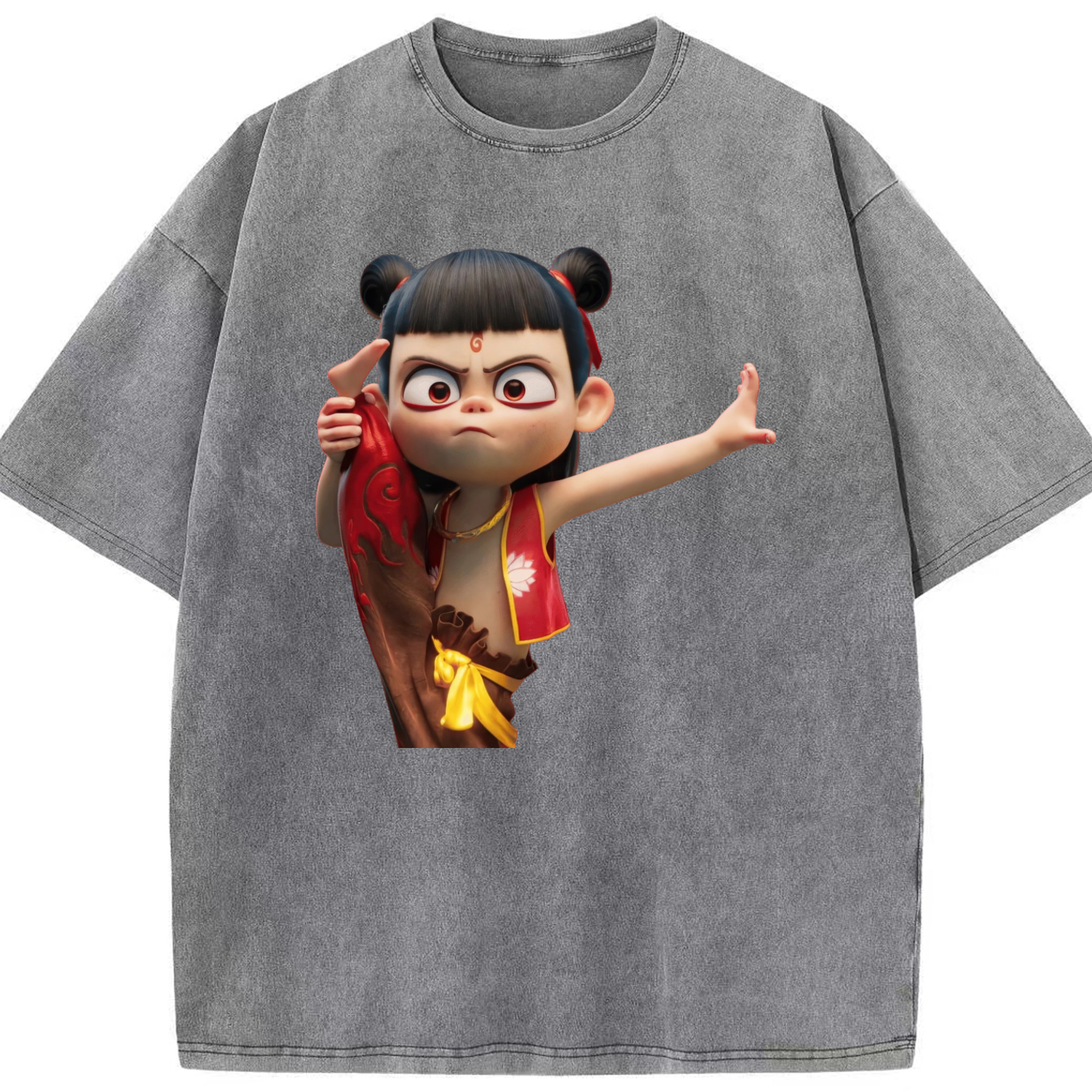 （画像用） Ne Zha 2 ナタ 魔童の大暴れ 綿100% ヴィンテージ風 半袖Tシャツ（フロントプリント）