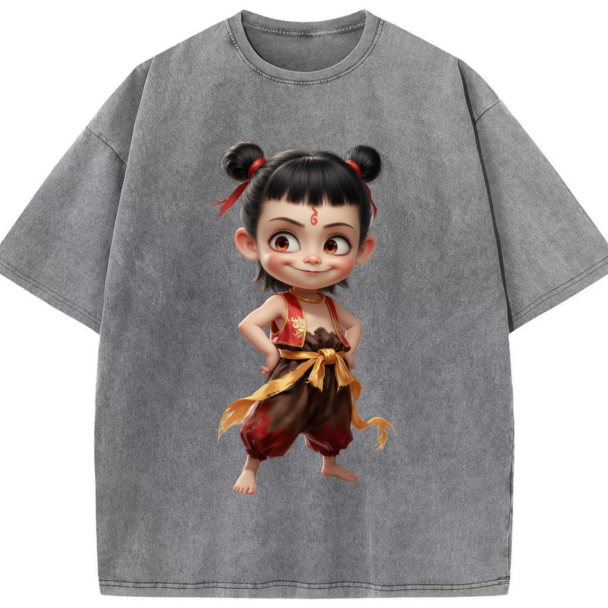 （画像用） Ne Zha 2 ナタ 魔童の大暴れ 綿100% ヴィンテージ風 半袖Tシャツ（フロントプリント）
