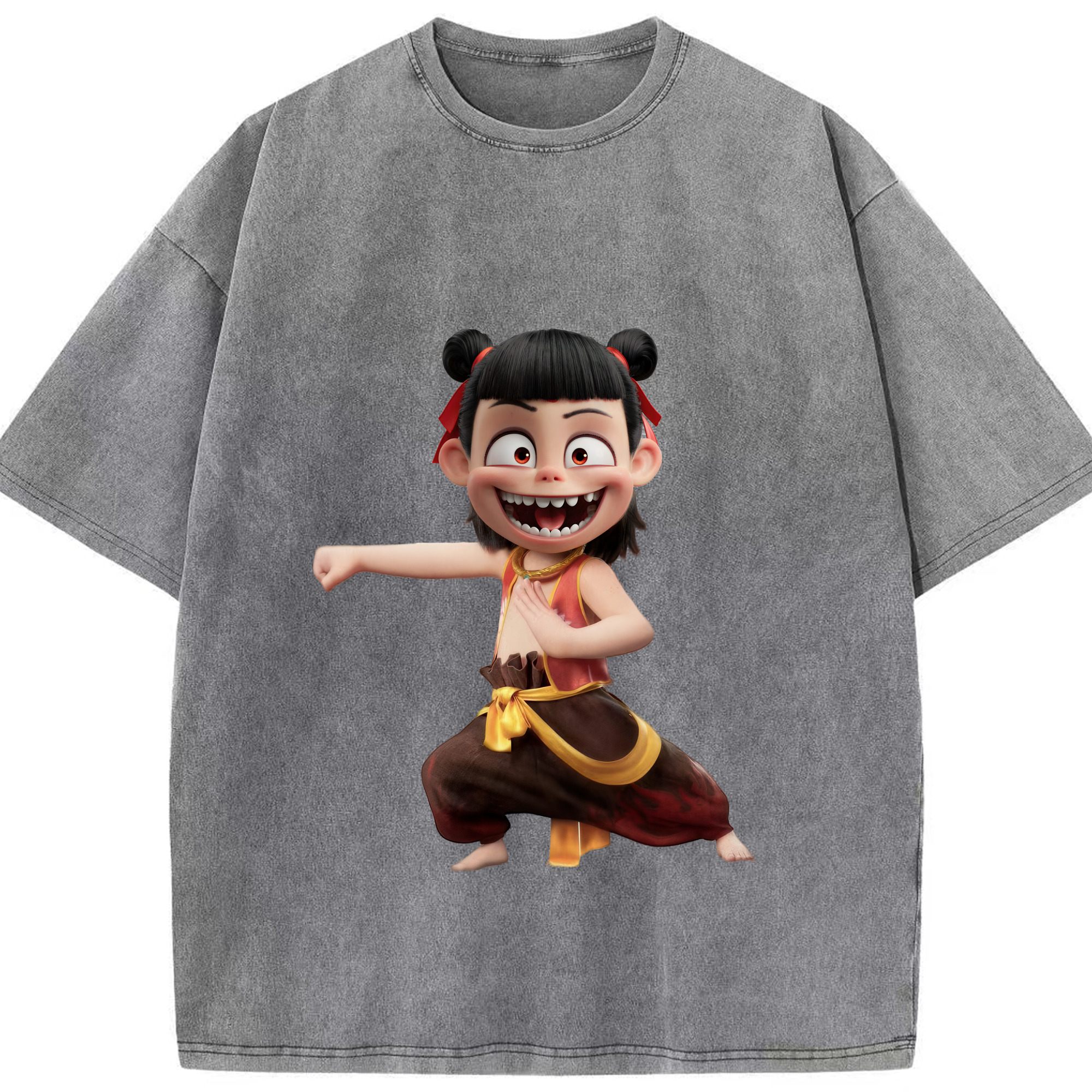 （画像用） Ne Zha 2 ナタ 魔童の大暴れ 綿100% ヴィンテージ風 半袖Tシャツ（フロントプリント）
