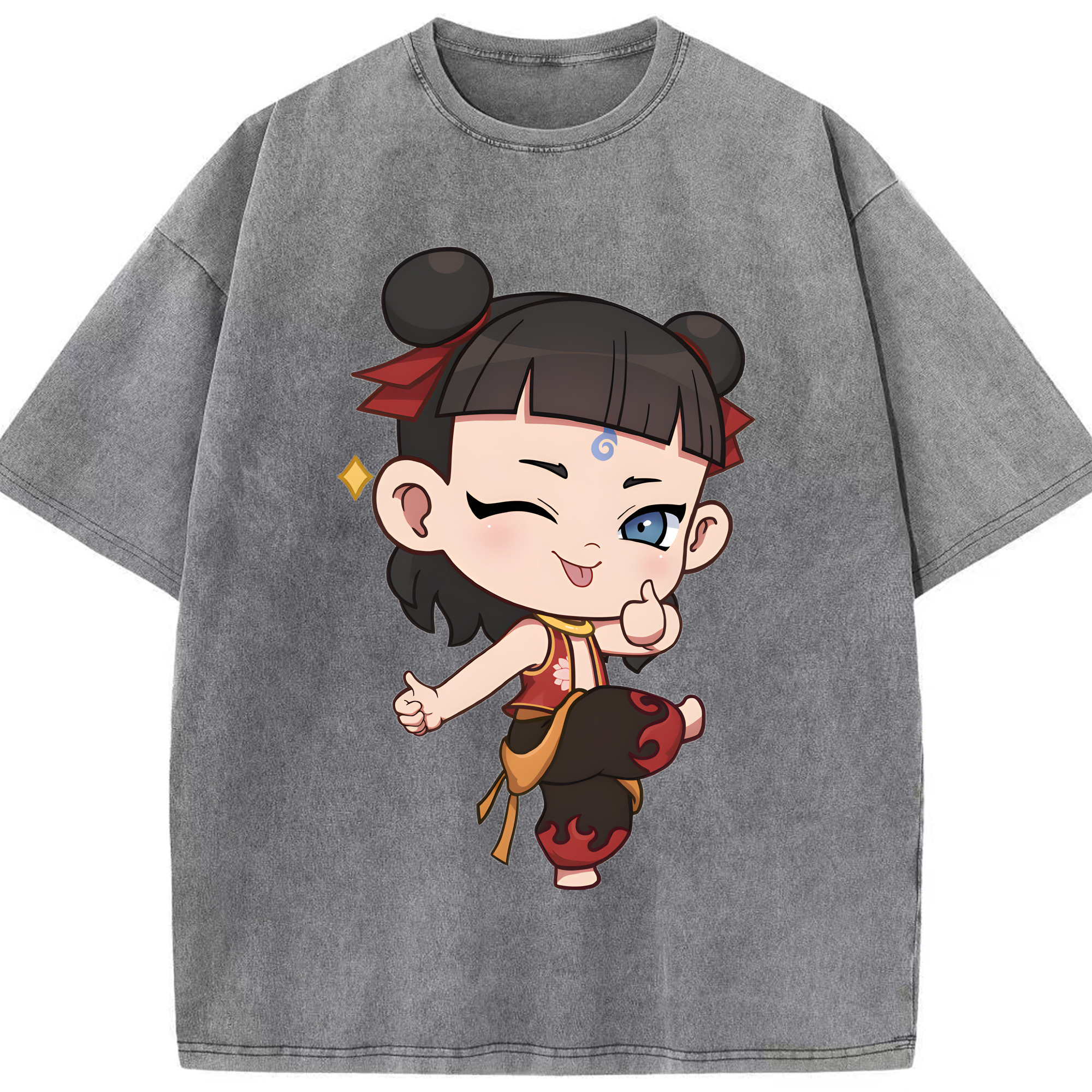 （画像用） Ne Zha 2 ナタ 魔童の大暴れ 綿100% ヴィンテージ風 半袖Tシャツ（フロントプリント）