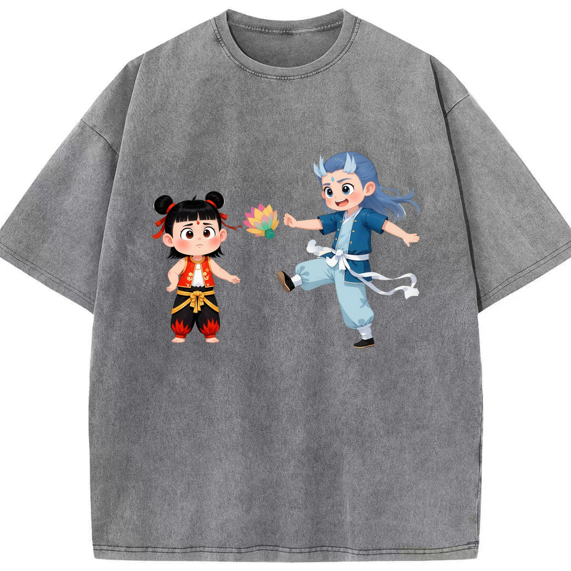 （画像用） Ne Zha 2 ナタ 魔童の大暴れ 綿100% ヴィンテージ風 半袖Tシャツ（フロントプリント）