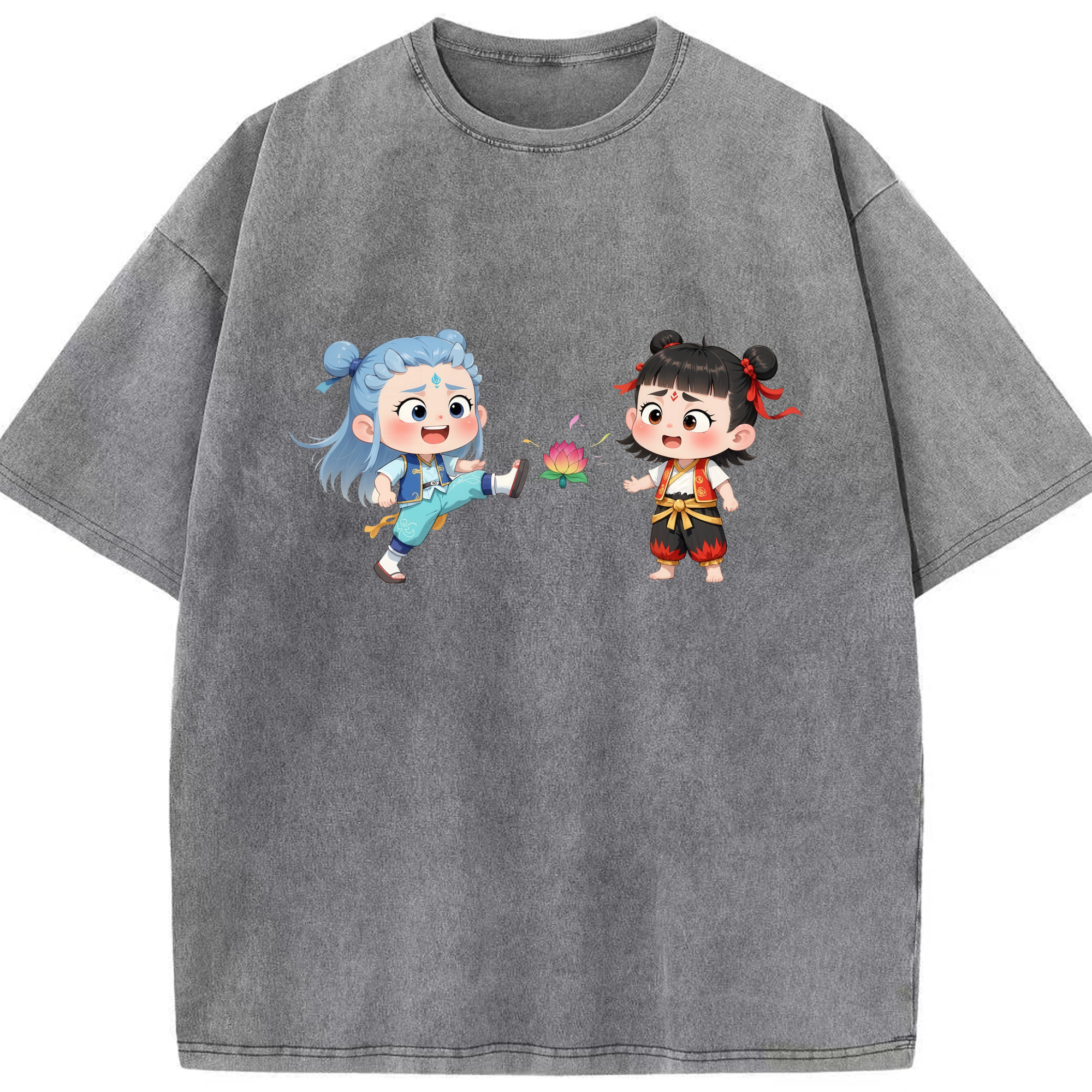 （画像用） Ne Zha 2 ナタ 魔童の大暴れ 綿100% ヴィンテージ風 半袖Tシャツ（フロントプリント）