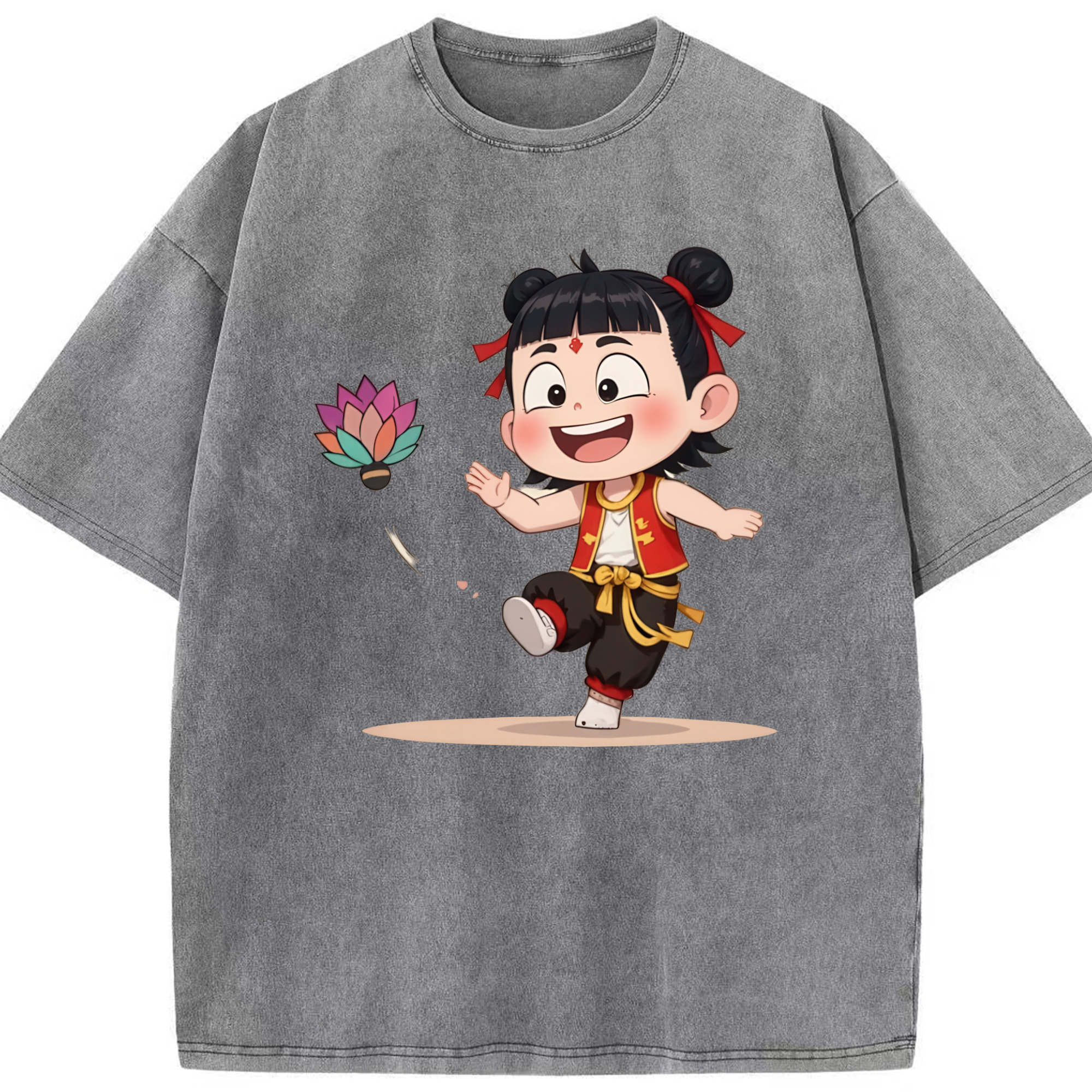 （画像用） Ne Zha 2 ナタ 魔童の大暴れ 綿100% ヴィンテージ風 半袖Tシャツ（フロントプリント）
