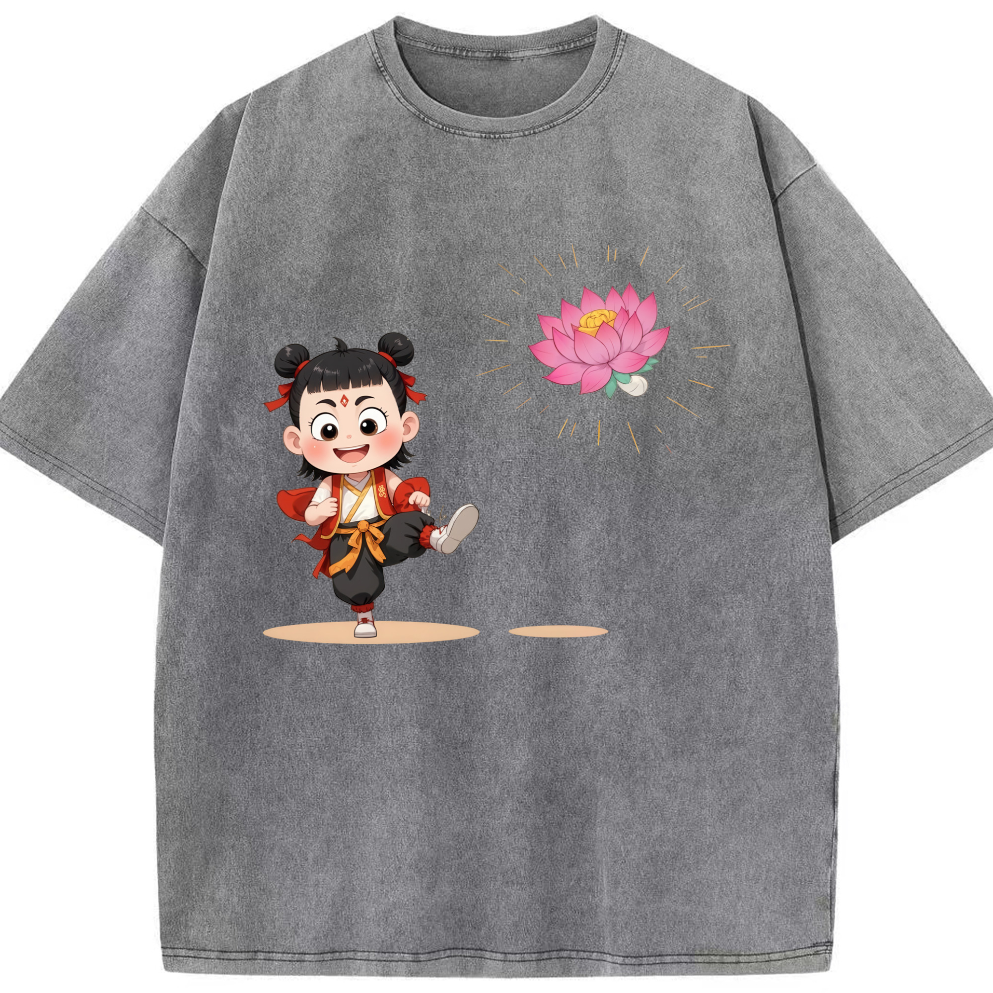 （画像用） Ne Zha 2 ナタ 魔童の大暴れ 綿100% ヴィンテージ風 半袖Tシャツ（フロントプリント）