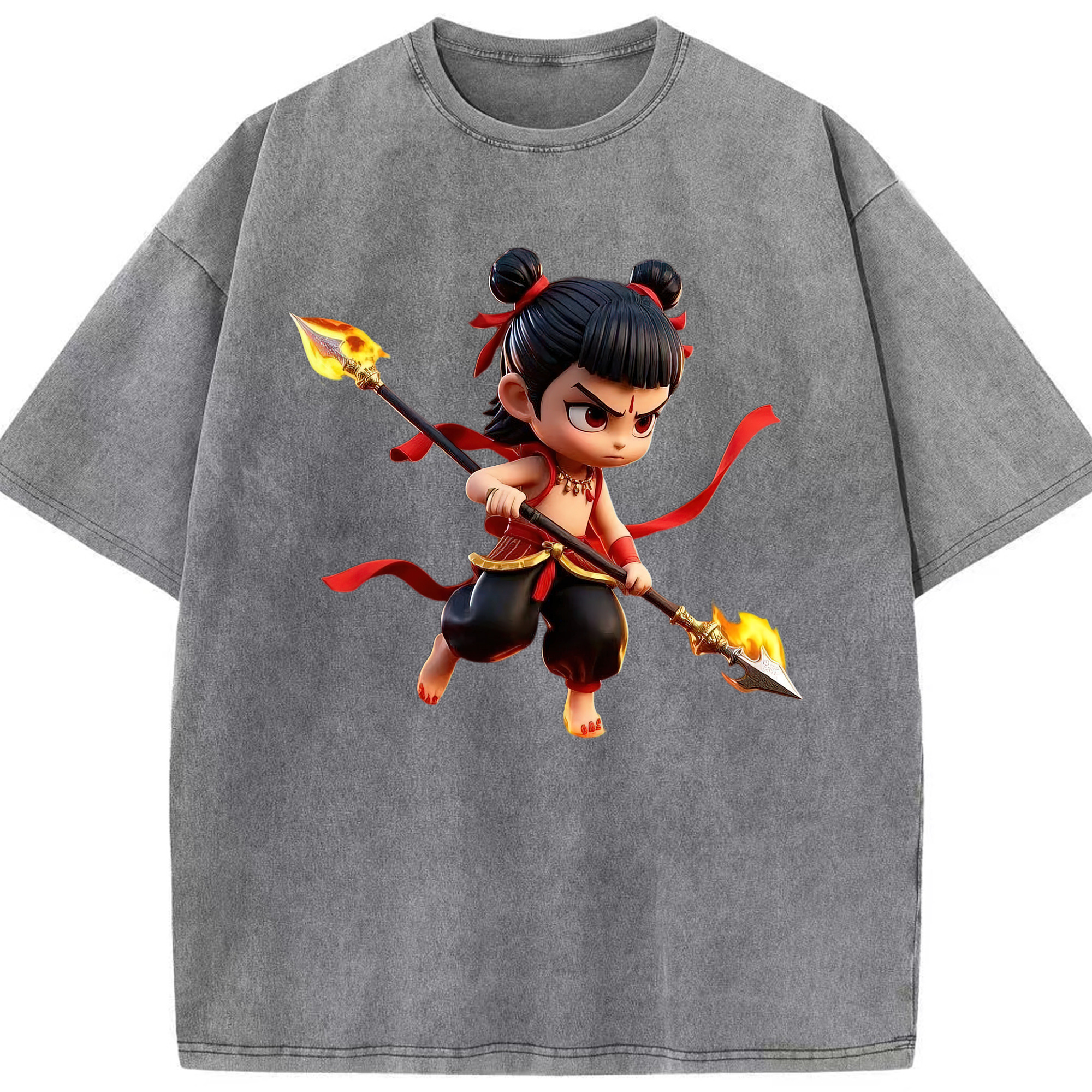 （画像用） Ne Zha 2 ナタ 魔童の大暴れ 綿100% ヴィンテージ風 半袖Tシャツ（フロントプリント）