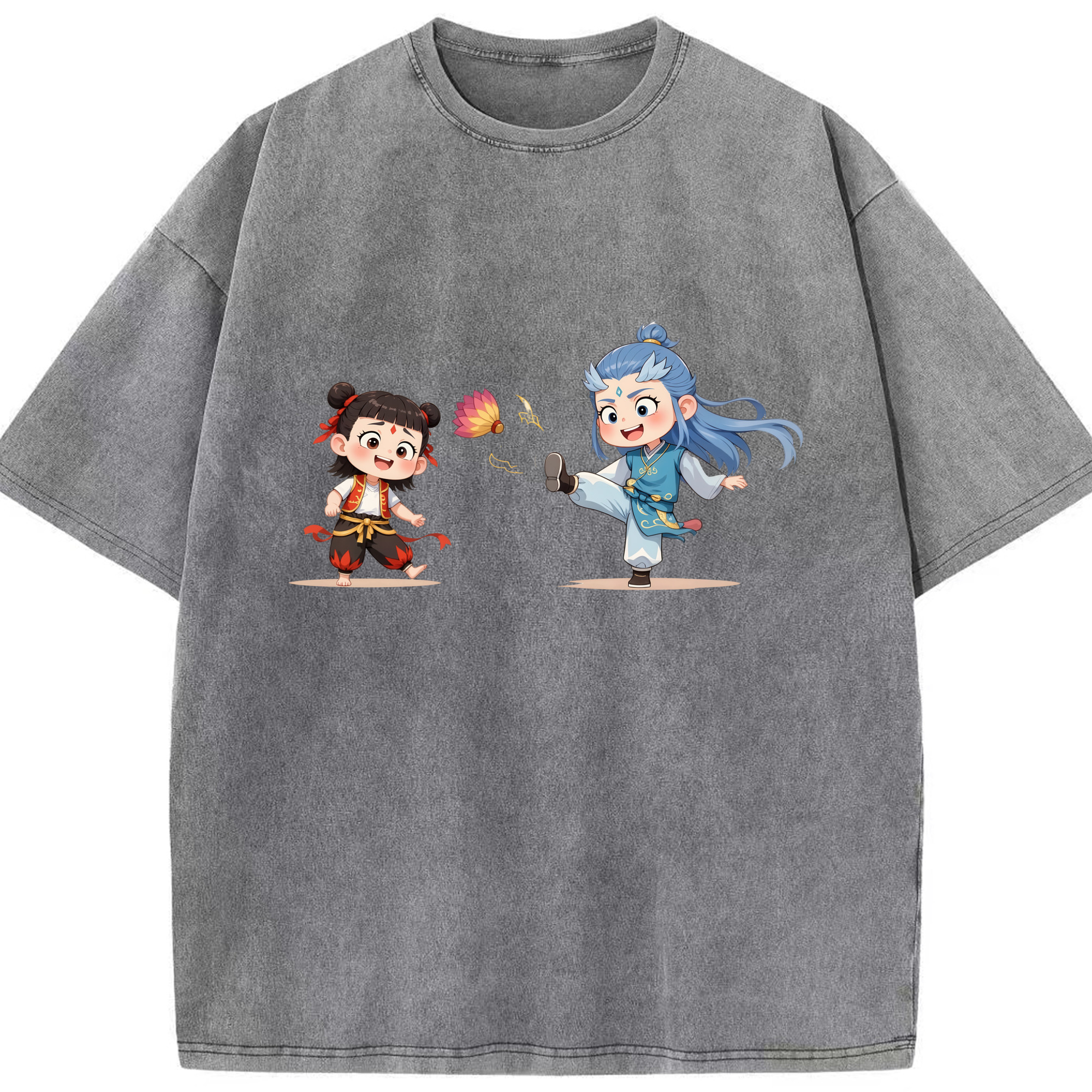 （画像用） Ne Zha 2 ナタ 魔童の大暴れ 綿100% ヴィンテージ風 半袖Tシャツ（フロントプリント）