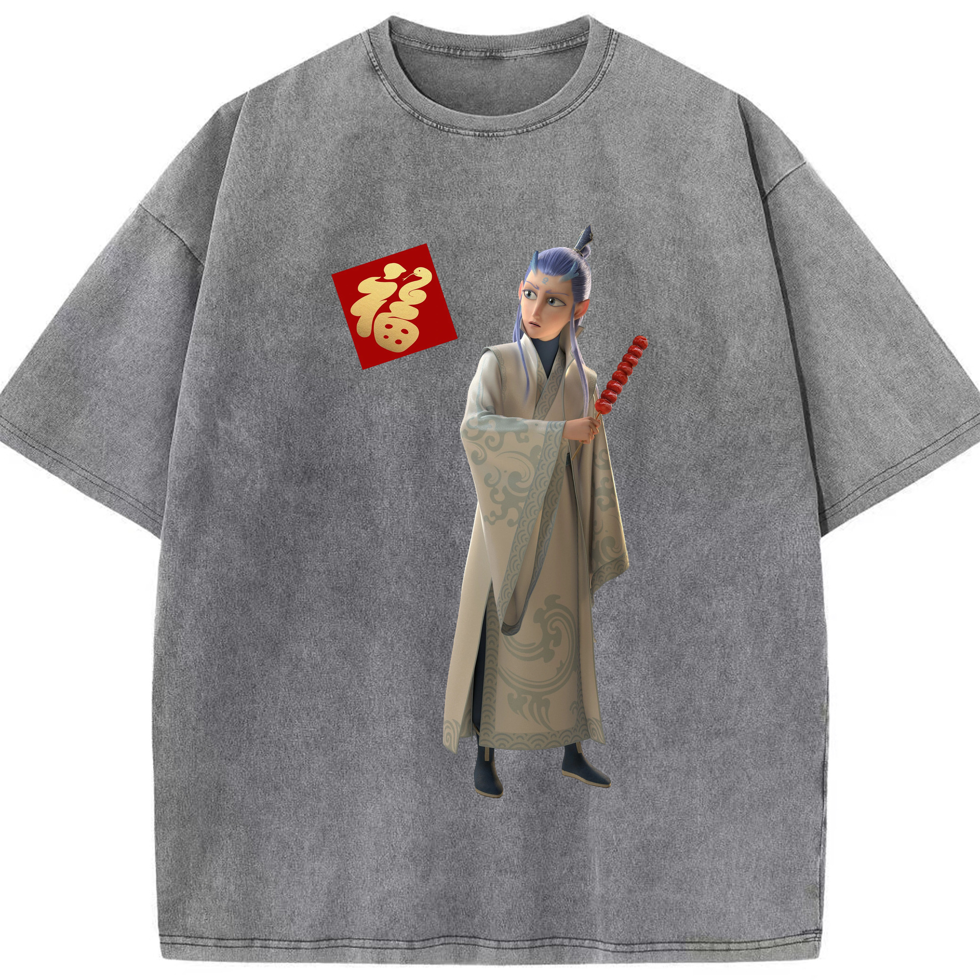 （画像用） Ne Zha 2 ナタ 魔童の大暴れ 綿100% ヴィンテージ風 半袖Tシャツ（フロントプリント）