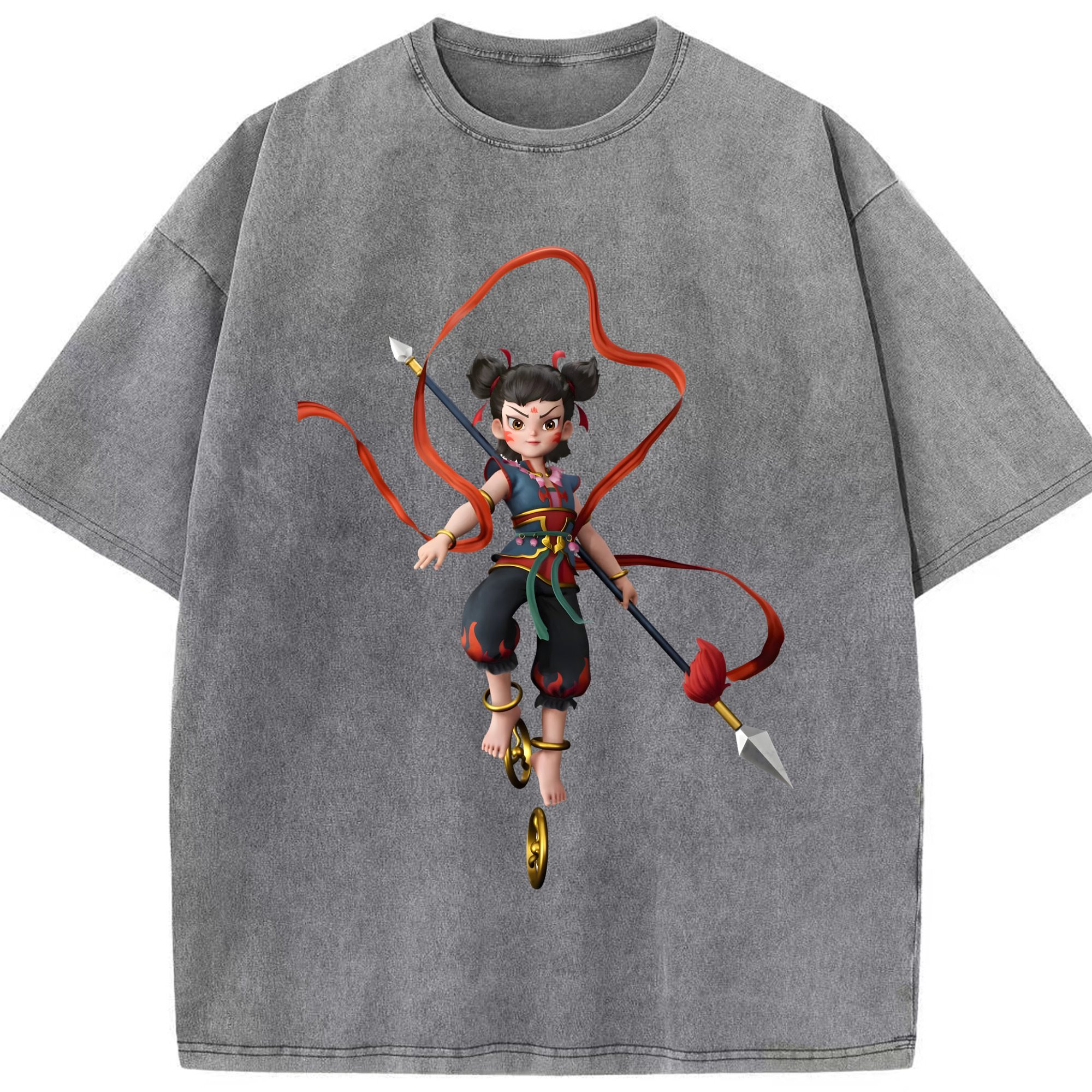 （画像用） Ne Zha 2 ナタ 魔童の大暴れ 綿100% ヴィンテージ風 半袖Tシャツ（フロントプリント）