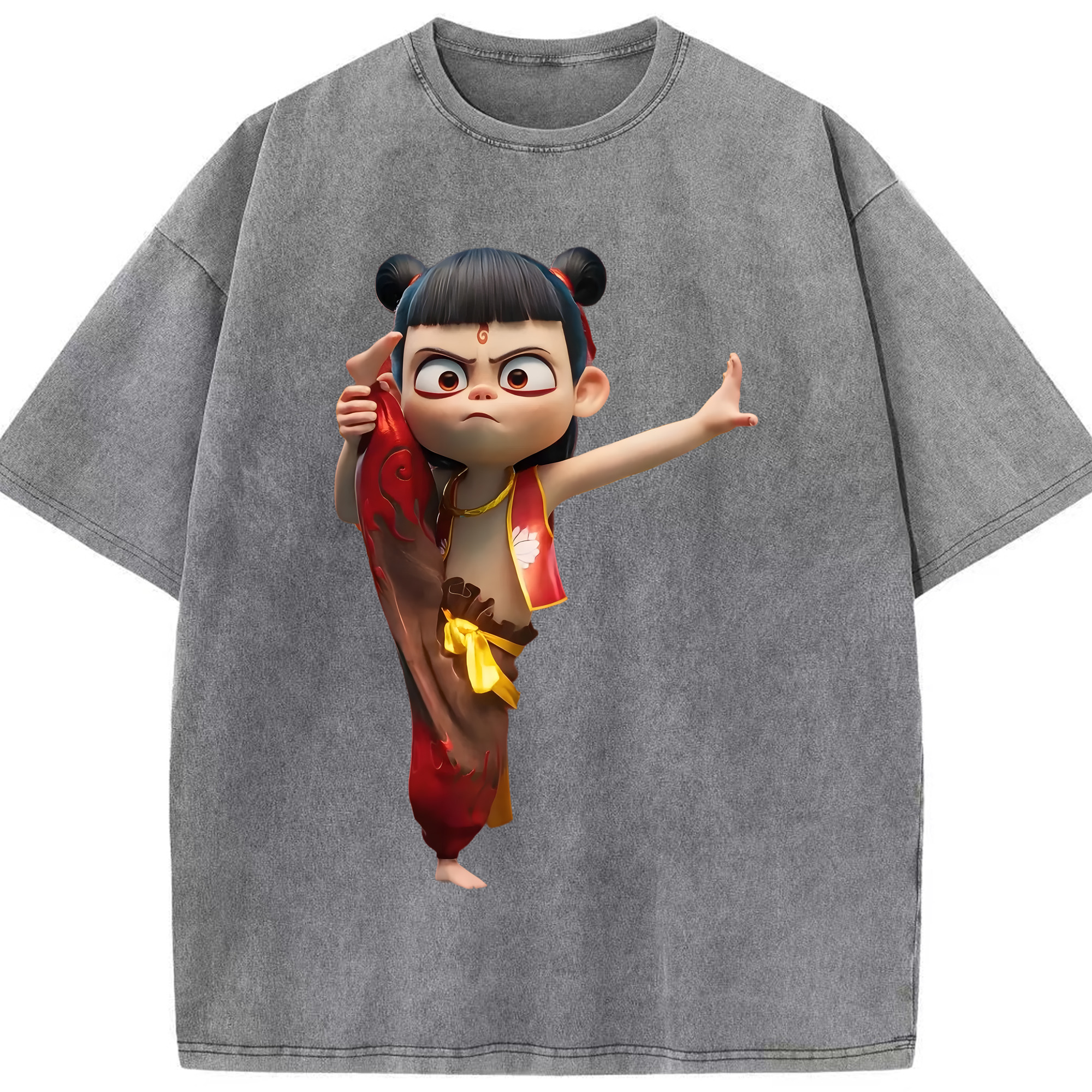 （画像用） Ne Zha 2 ナタ 魔童の大暴れ 綿100% ヴィンテージ風 半袖Tシャツ（フロントプリント）