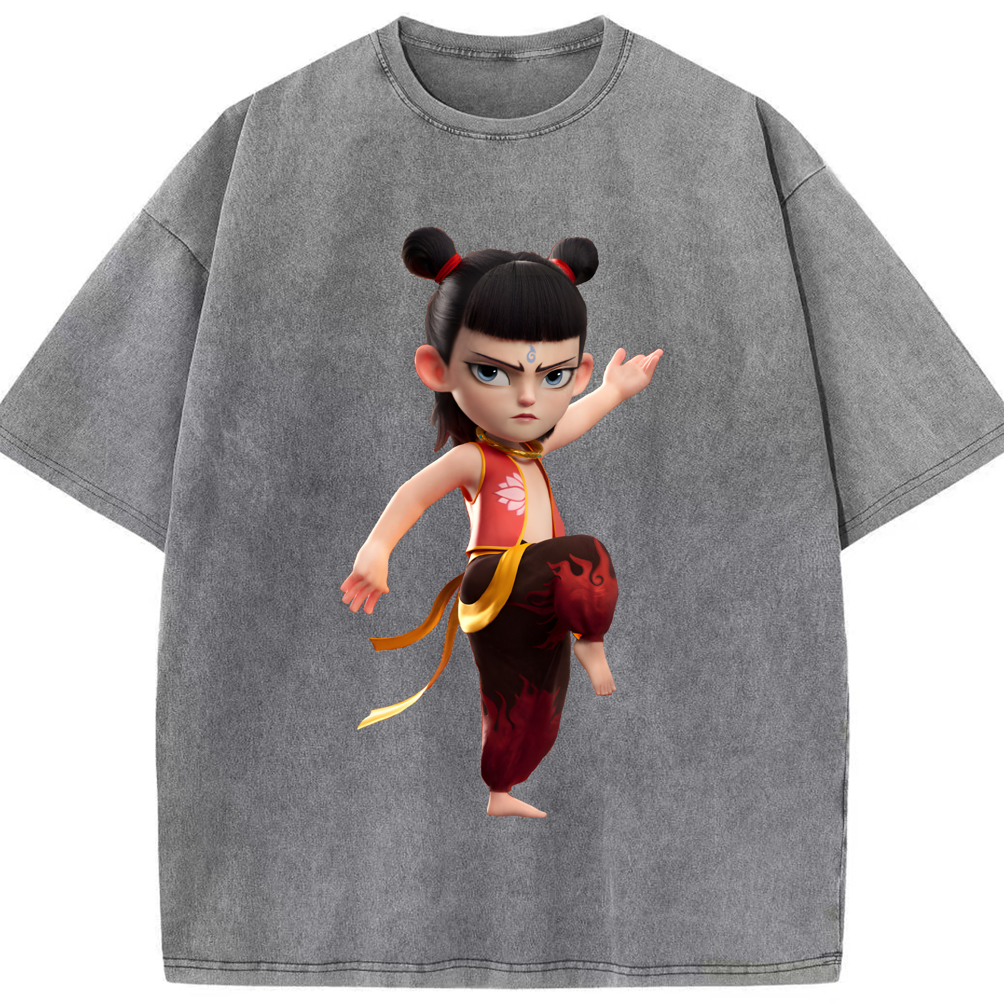 （画像用） Ne Zha 2 ナタ 魔童の大暴れ 綿100% ヴィンテージ風 半袖Tシャツ（フロントプリント）