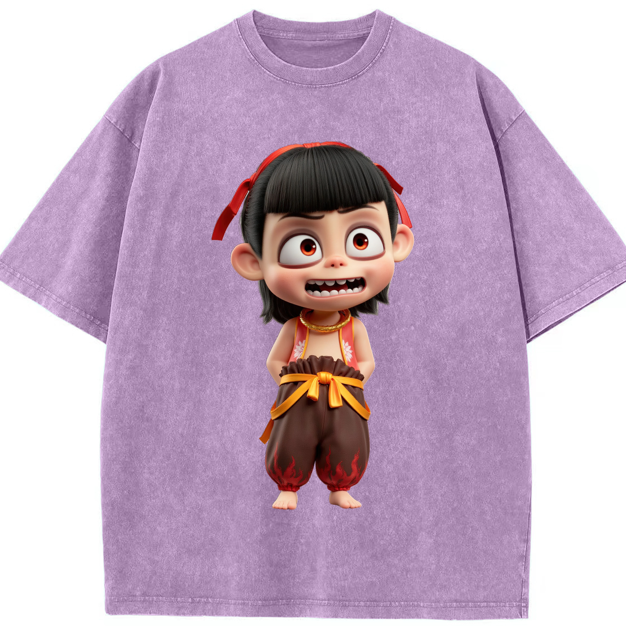 （画像用） Ne Zha 2 ナタ 魔童の大暴れ 綿100% ヴィンテージ風 半袖Tシャツ（フロントプリント）