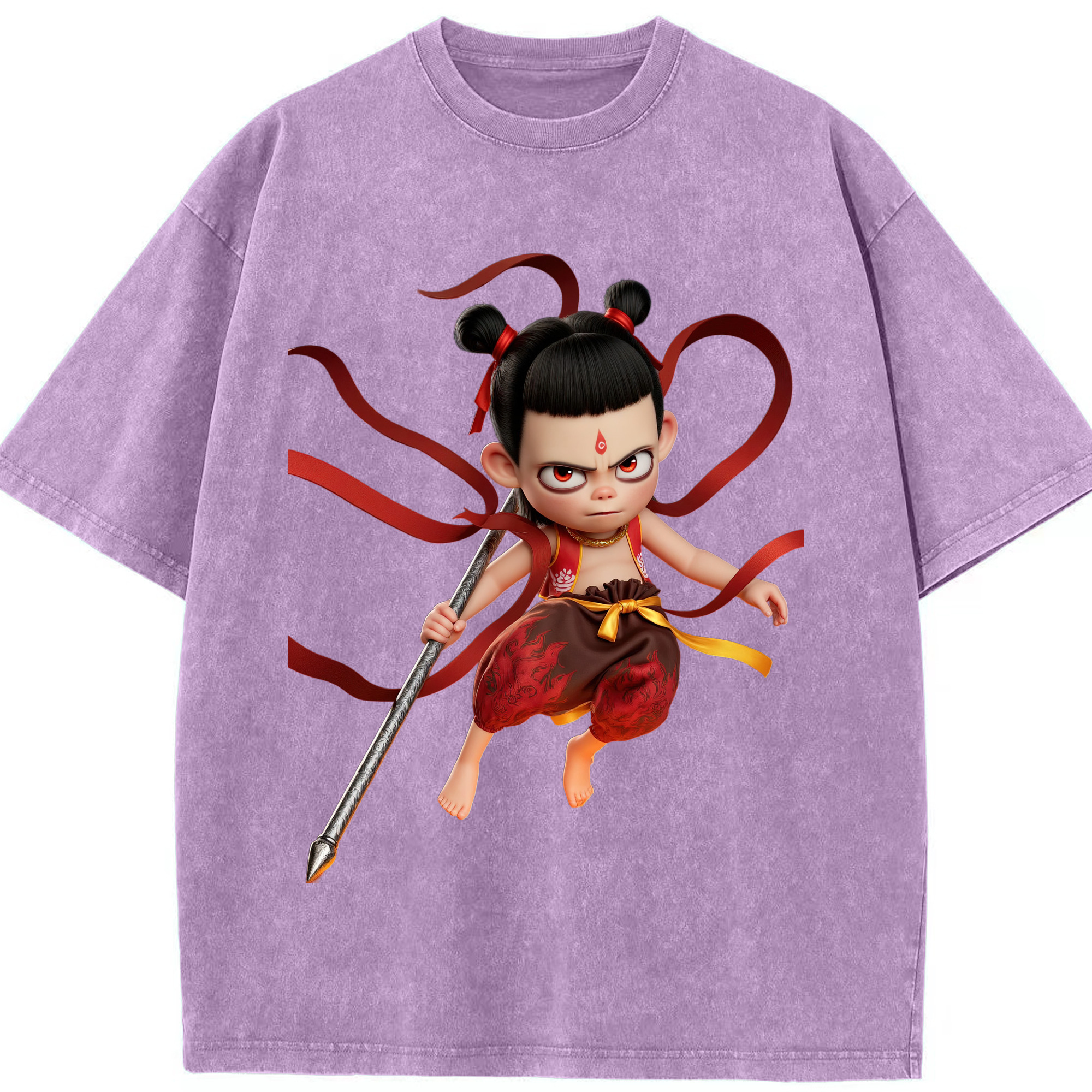 （画像用） Ne Zha 2 ナタ 魔童の大暴れ 綿100% ヴィンテージ風 半袖Tシャツ（フロントプリント）