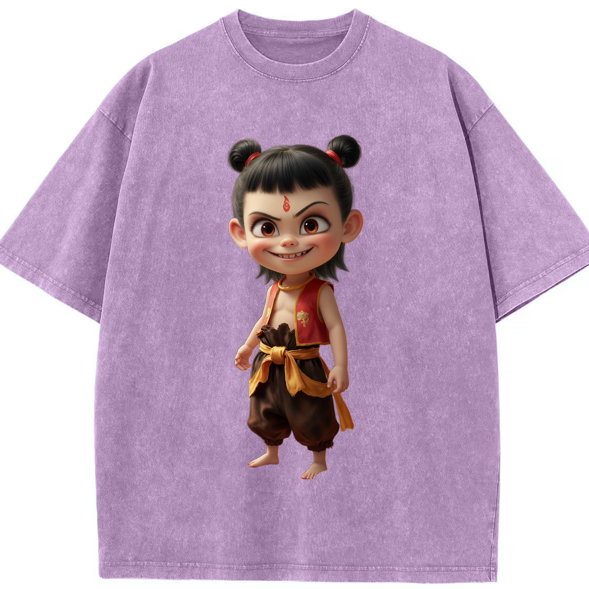 （画像用） Ne Zha 2 ナタ 魔童の大暴れ 綿100% ヴィンテージ風 半袖Tシャツ（フロントプリント）