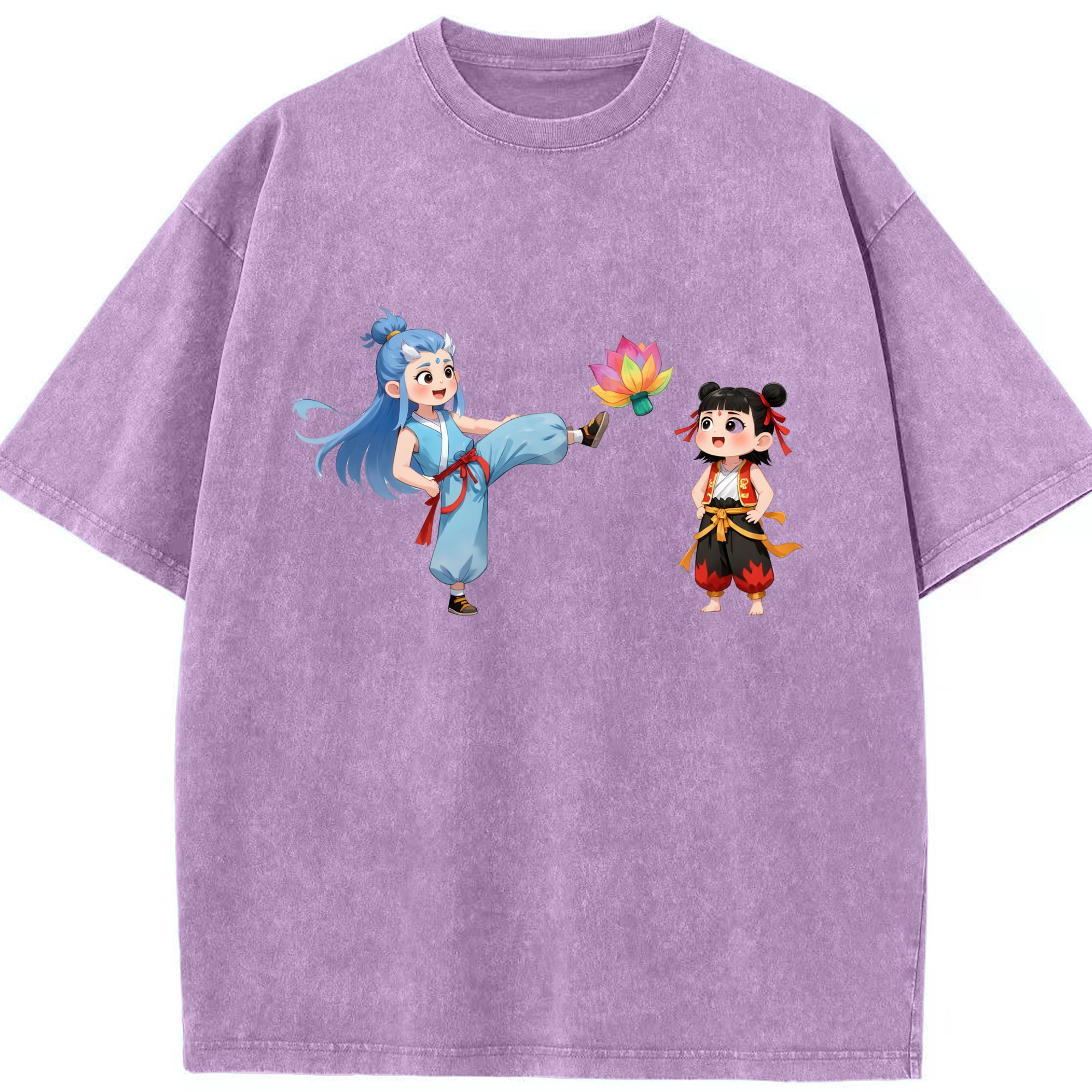 （画像用） Ne Zha 2 ナタ 魔童の大暴れ 綿100% ヴィンテージ風 半袖Tシャツ（フロントプリント）
