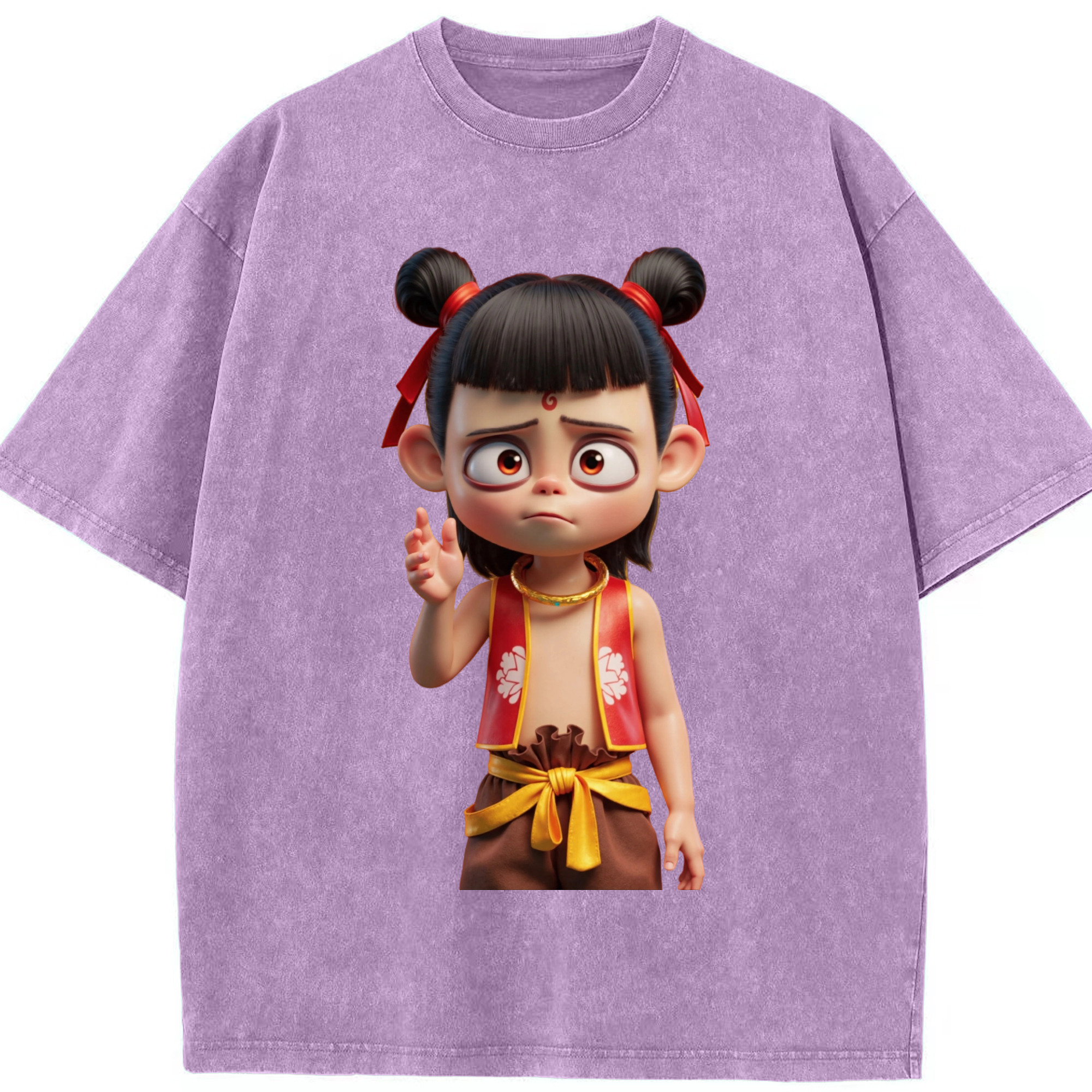 （画像用） Ne Zha 2 ナタ 魔童の大暴れ 綿100% ヴィンテージ風 半袖Tシャツ（フロントプリント）