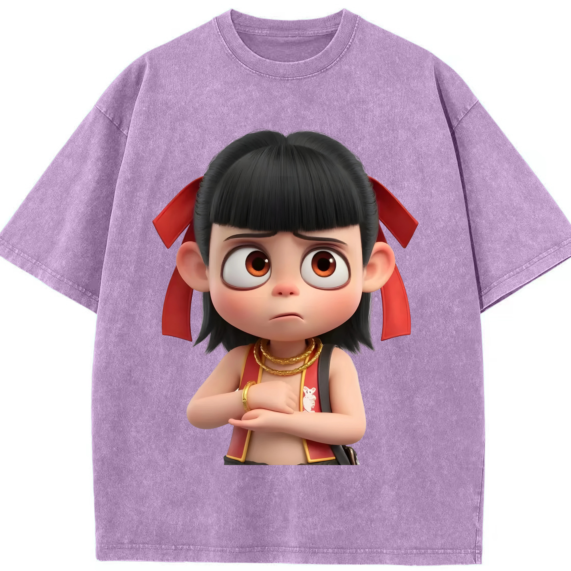 （画像用） Ne Zha 2 ナタ 魔童の大暴れ 綿100% ヴィンテージ風 半袖Tシャツ（フロントプリント）