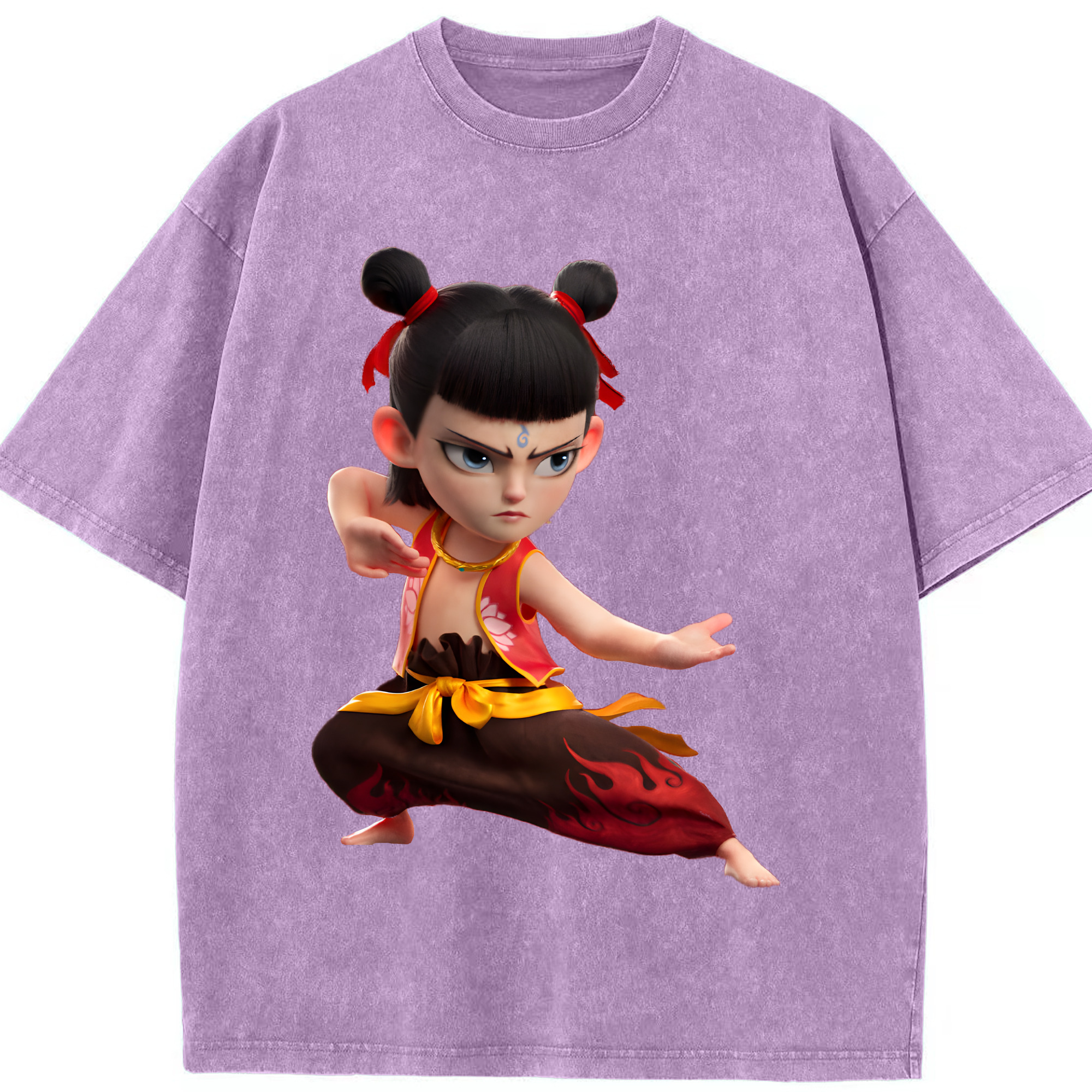 （画像用） Ne Zha 2 ナタ 魔童の大暴れ 綿100% ヴィンテージ風 半袖Tシャツ（フロントプリント）