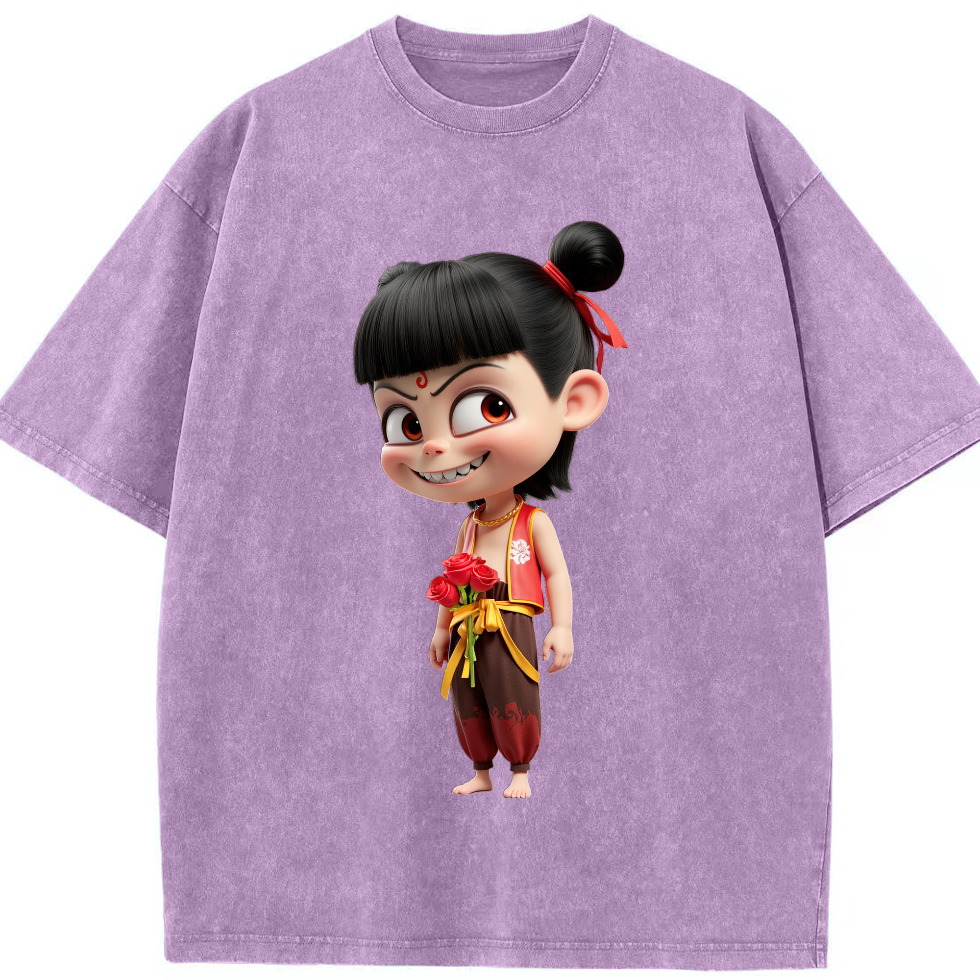 （画像用） Ne Zha 2 ナタ 魔童の大暴れ 綿100% ヴィンテージ風 半袖Tシャツ（フロントプリント）