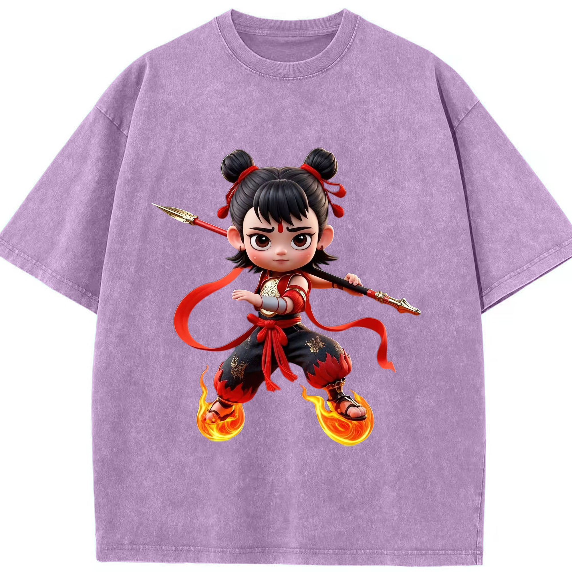 （画像用） Ne Zha 2 ナタ 魔童の大暴れ 綿100% ヴィンテージ風 半袖Tシャツ（フロントプリント）