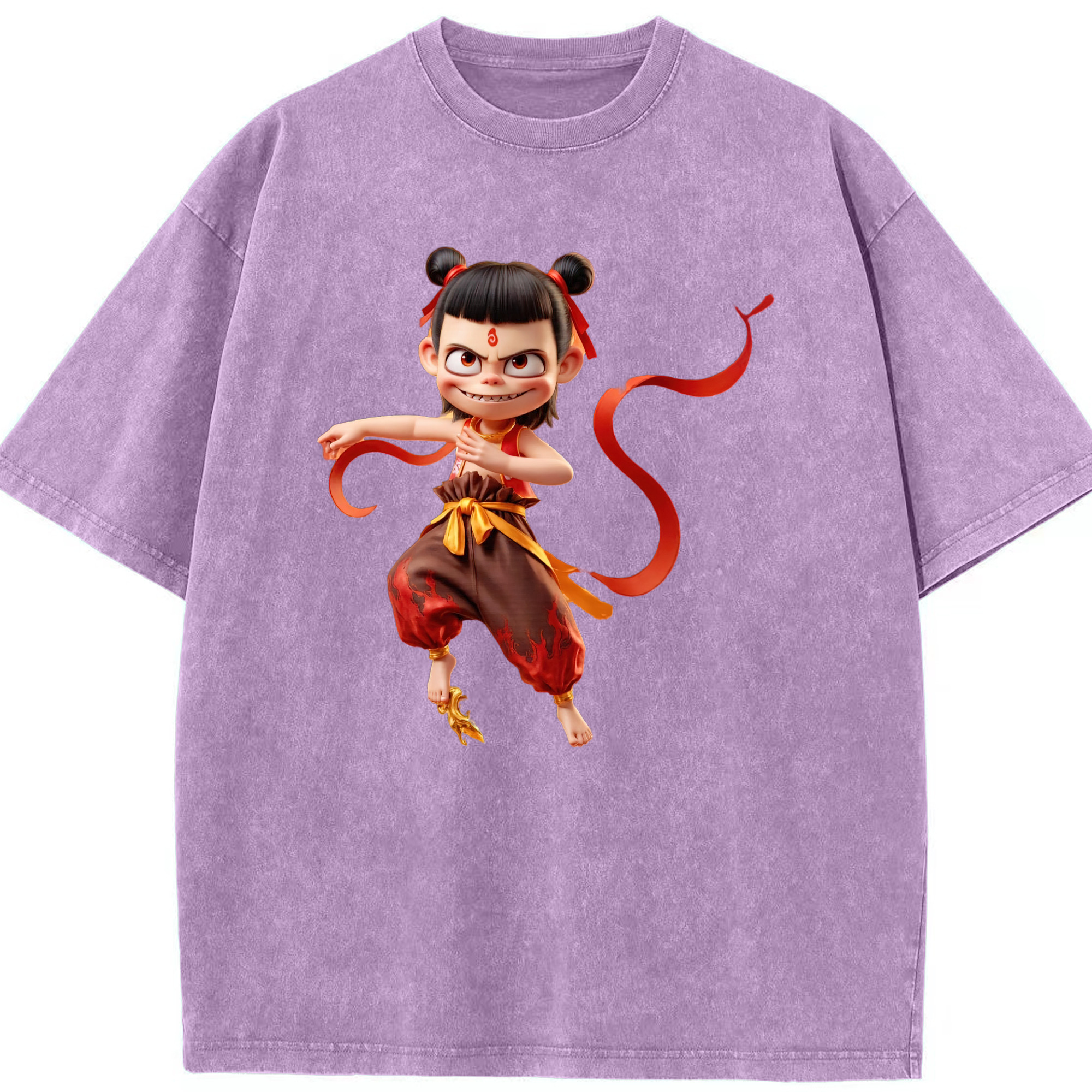 （画像用） Ne Zha 2 ナタ 魔童の大暴れ 綿100% ヴィンテージ風 半袖Tシャツ（フロントプリント）