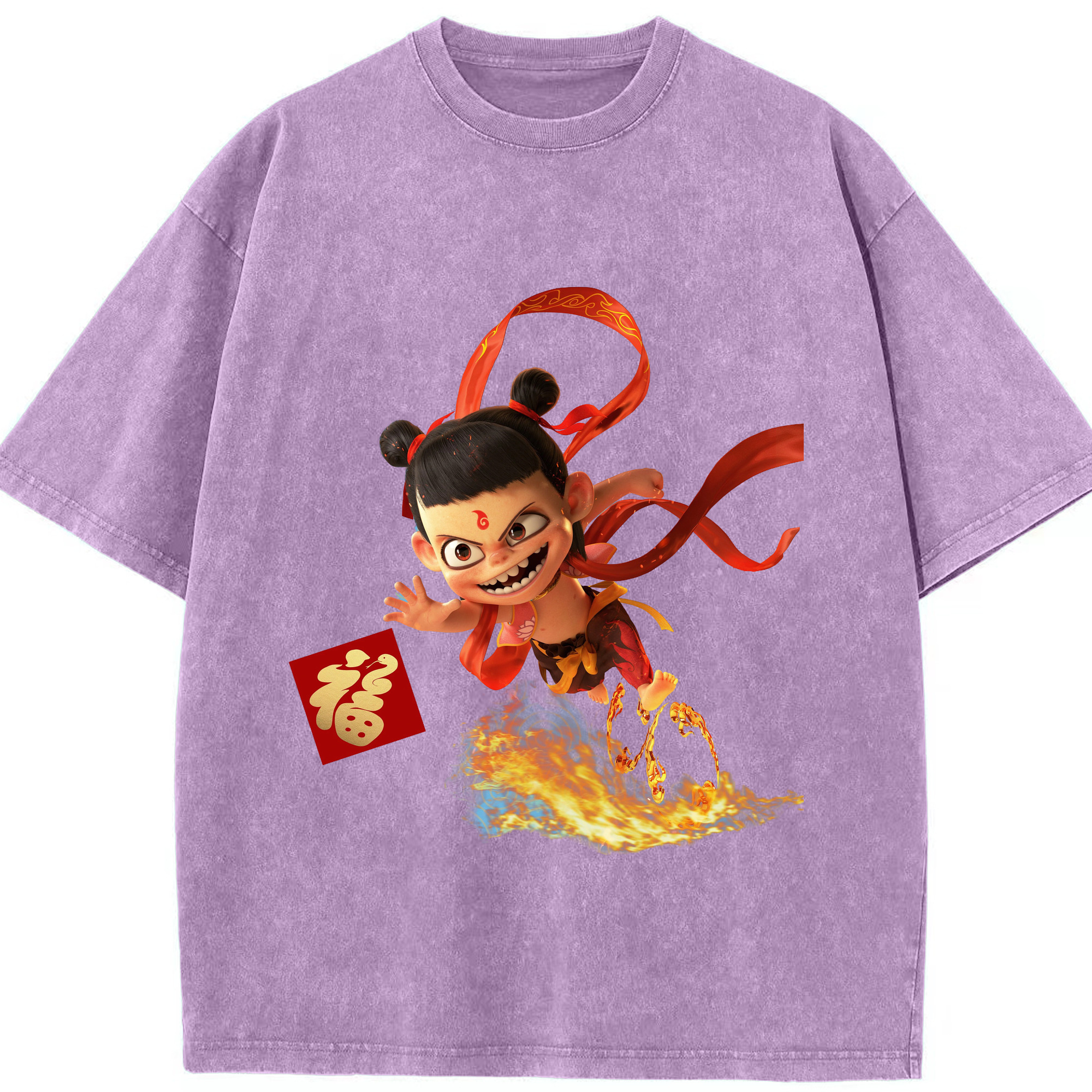 （画像用） Ne Zha 2 ナタ 魔童の大暴れ 綿100% ヴィンテージ風 半袖Tシャツ（フロントプリント）