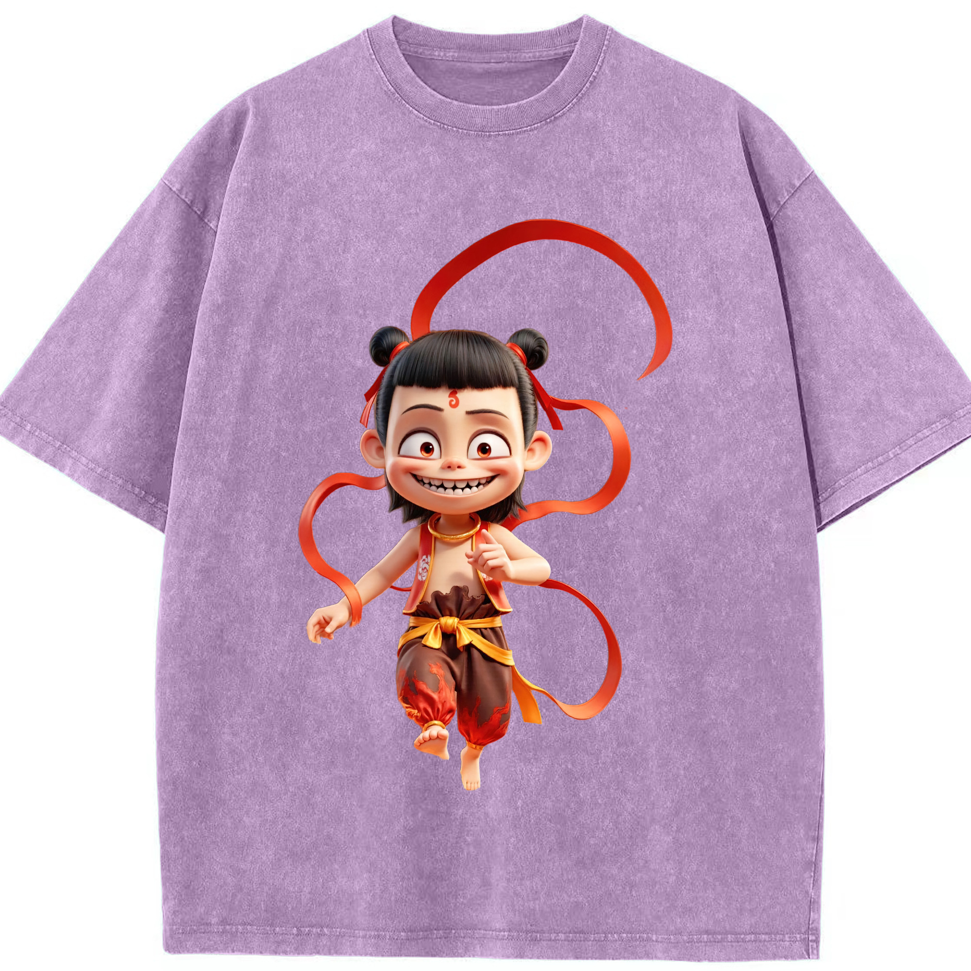 （画像用） Ne Zha 2 ナタ 魔童の大暴れ 綿100% ヴィンテージ風 半袖Tシャツ（フロントプリント）