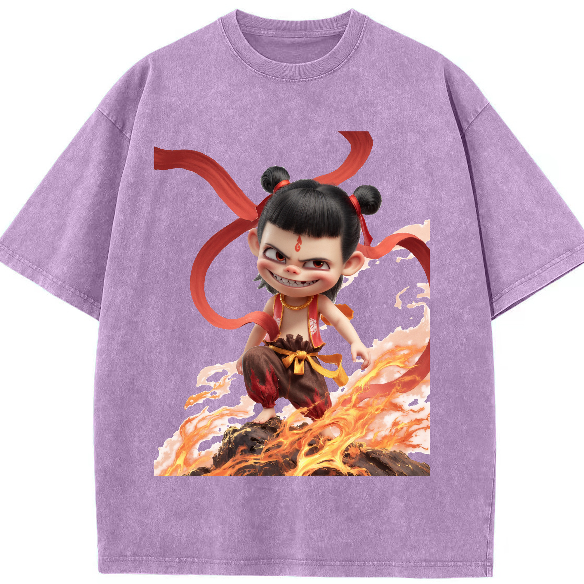 （画像用） Ne Zha 2 ナタ 魔童の大暴れ 綿100% ヴィンテージ風 半袖Tシャツ（フロントプリント）