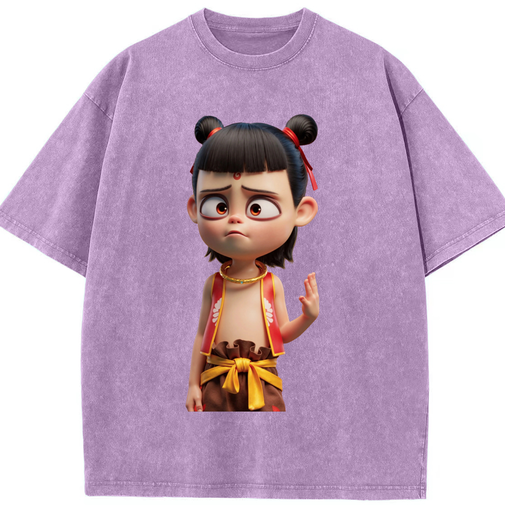 （画像用） Ne Zha 2 ナタ 魔童の大暴れ 綿100% ヴィンテージ風 半袖Tシャツ（フロントプリント）