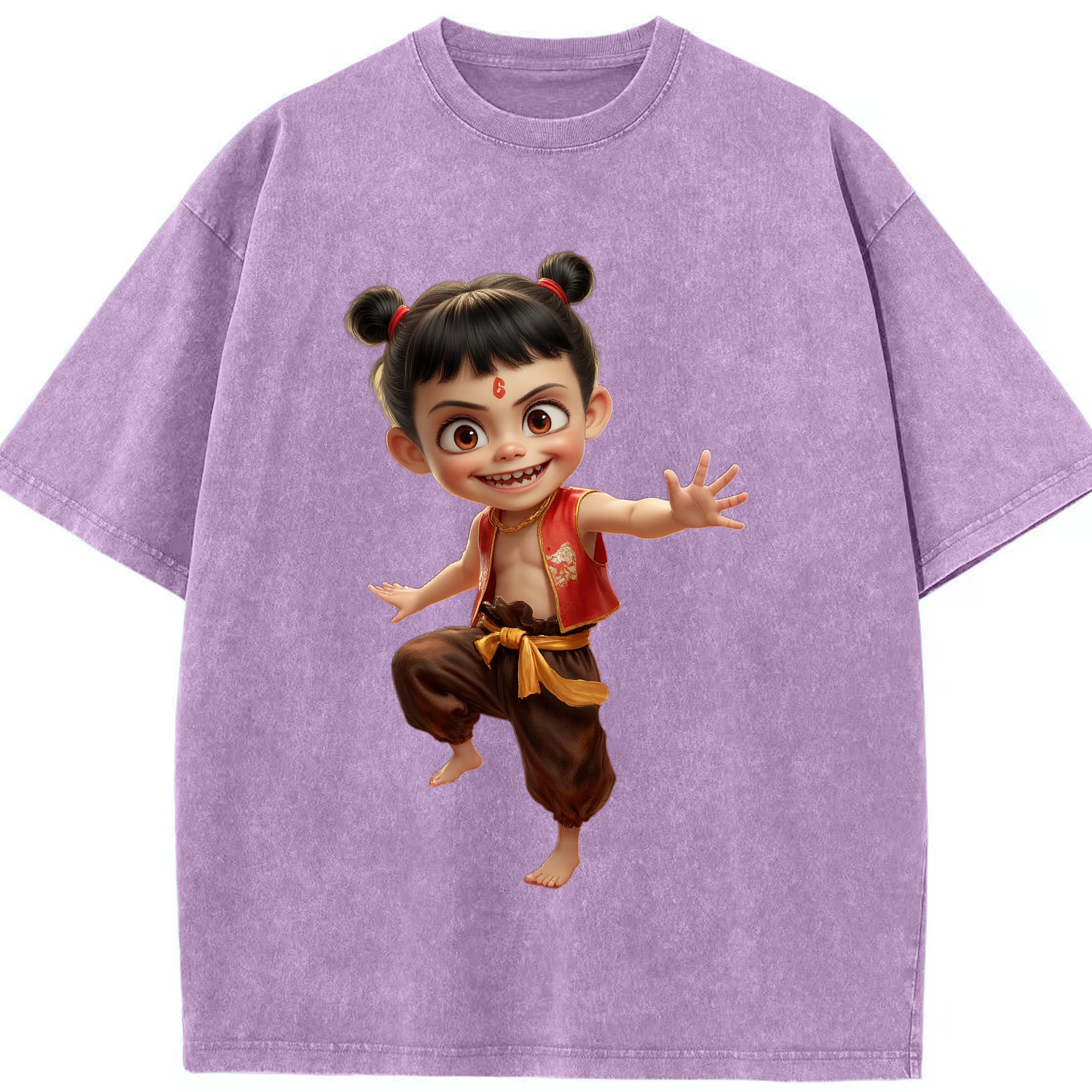 （画像用） Ne Zha 2 ナタ 魔童の大暴れ 綿100% ヴィンテージ風 半袖Tシャツ（フロントプリント）