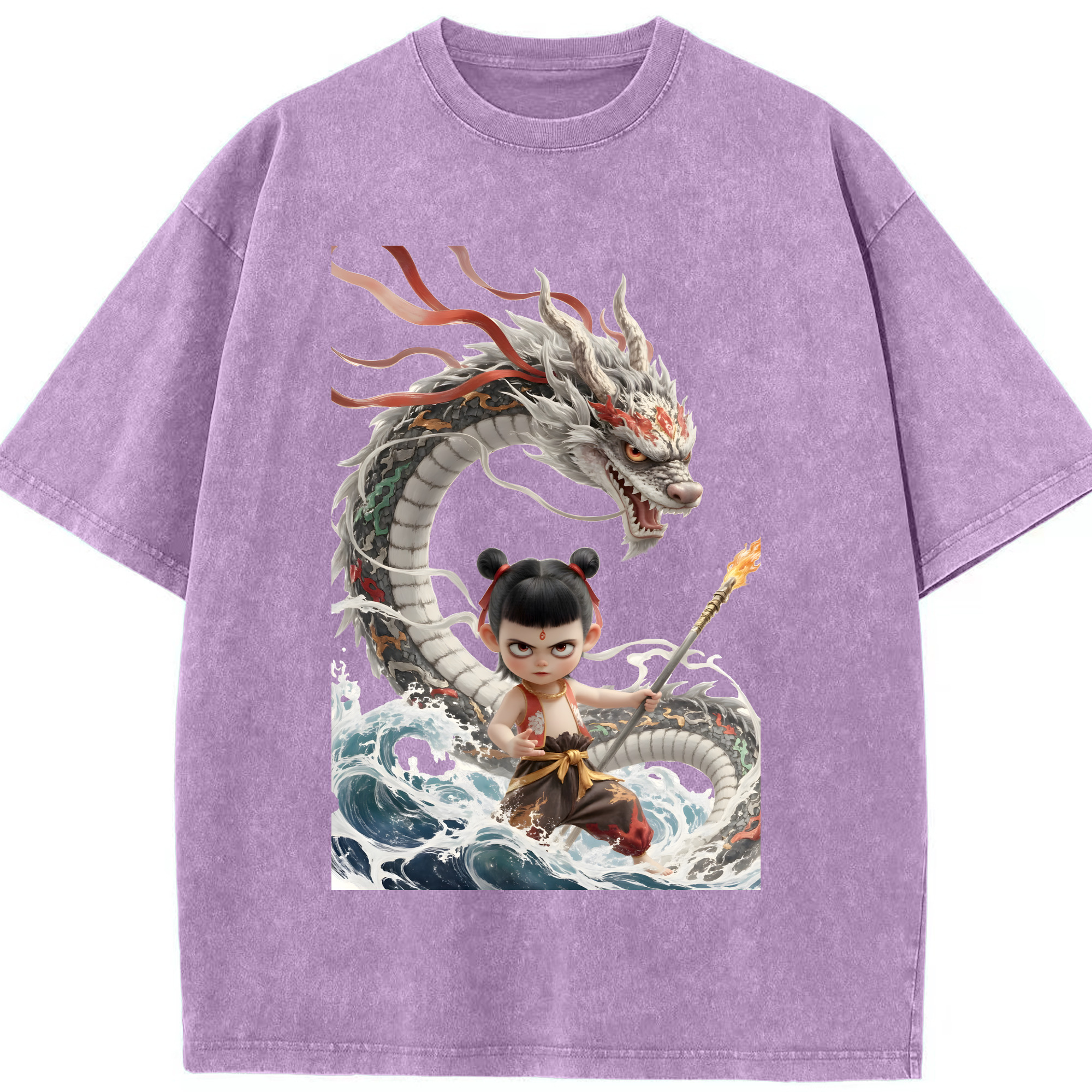 （画像用） Ne Zha 2 ナタ 魔童の大暴れ 綿100% ヴィンテージ風 半袖Tシャツ（フロントプリント）