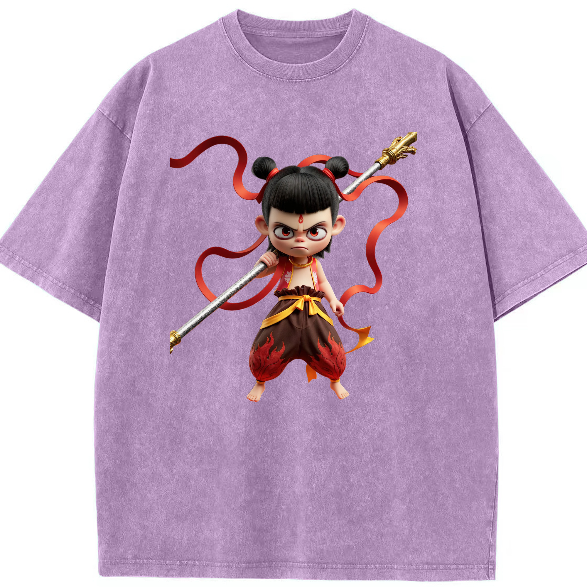 （画像用） Ne Zha 2 ナタ 魔童の大暴れ 綿100% ヴィンテージ風 半袖Tシャツ（フロントプリント）